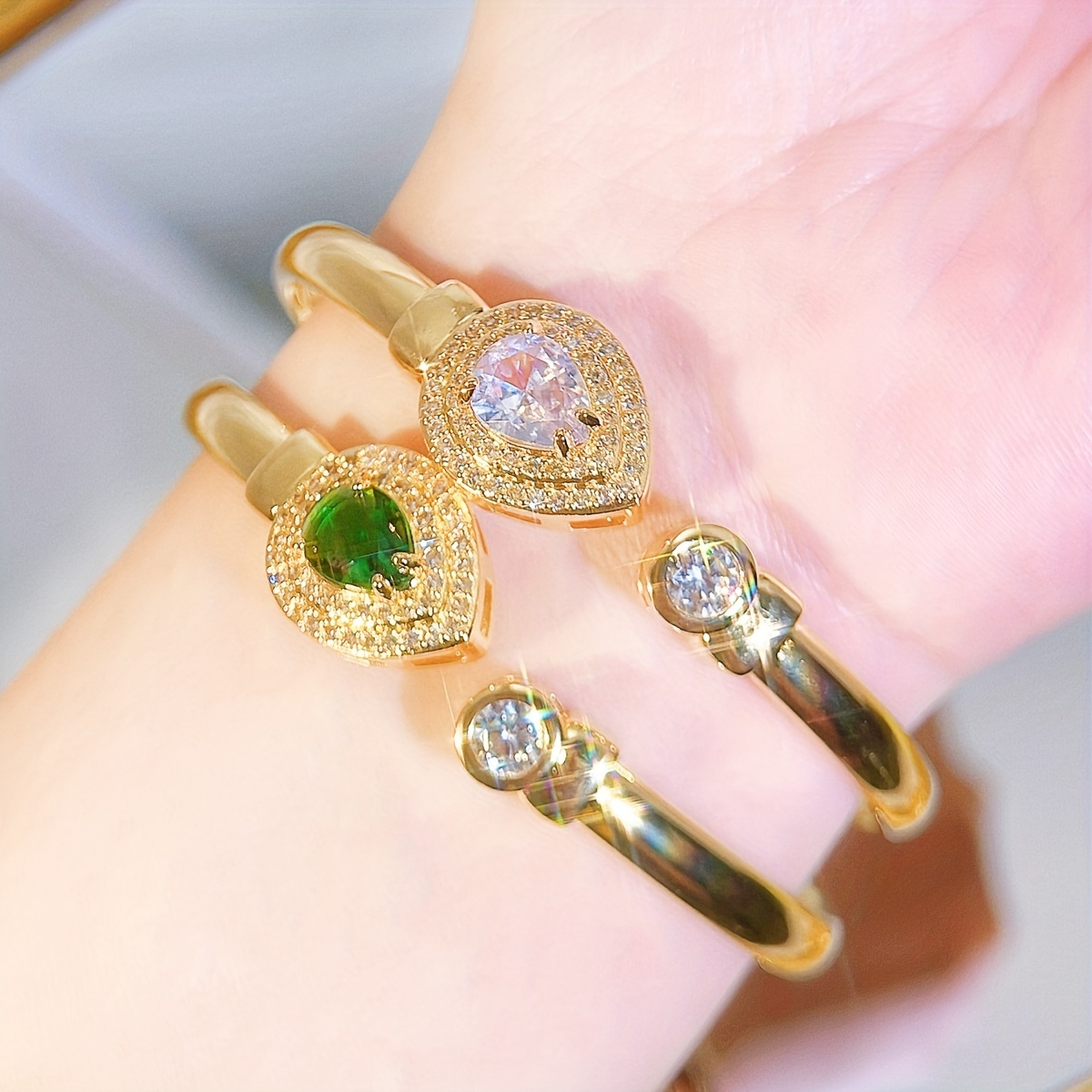 Heart CZ Bangle Adjustable Golden Plated