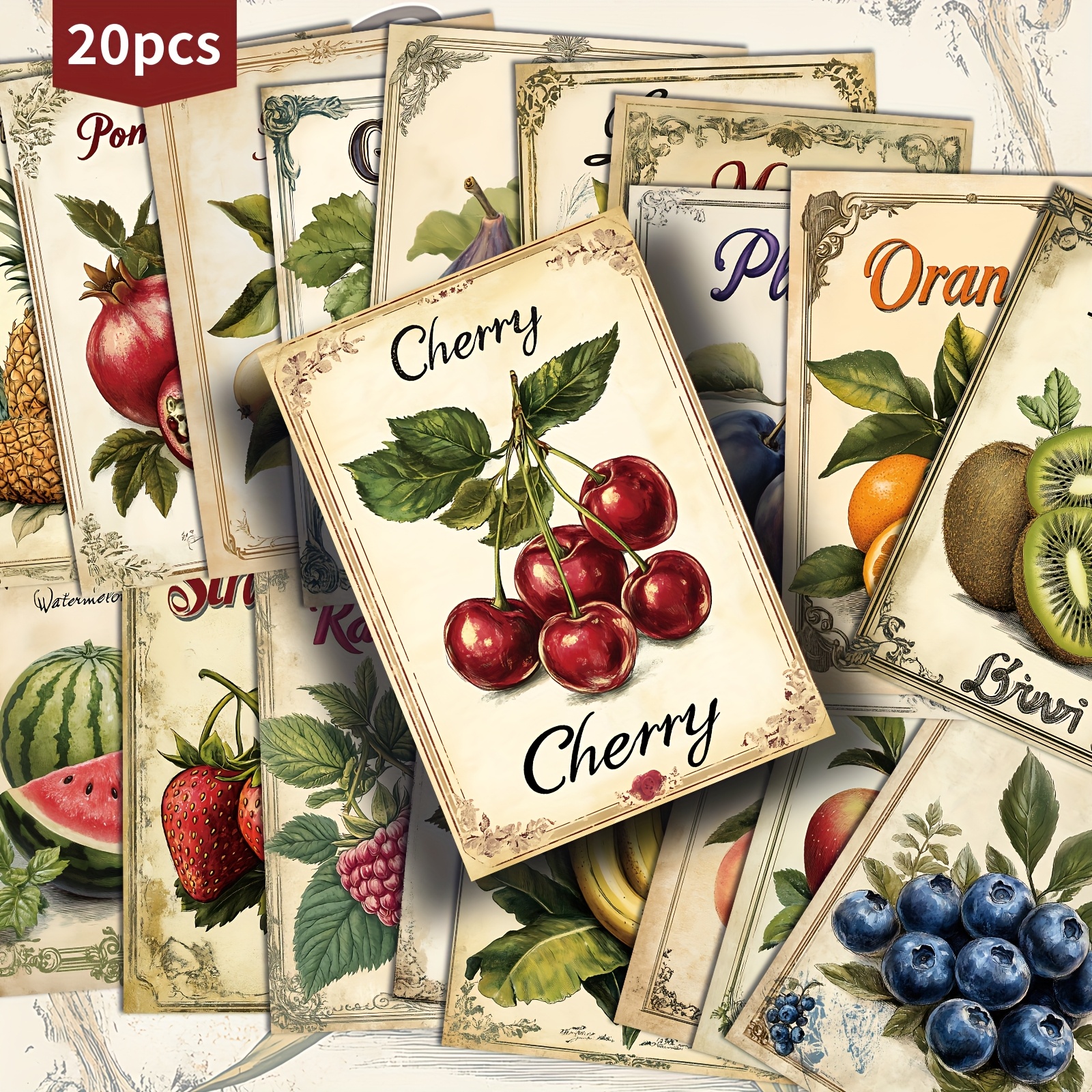 TEMU 20-pack Strawberry Lemon Watermelon Grapes Fruit Theme Postcards - 4x6 Inches Journal Paper, Classic Pinup Illustrations, Collectible Decorative