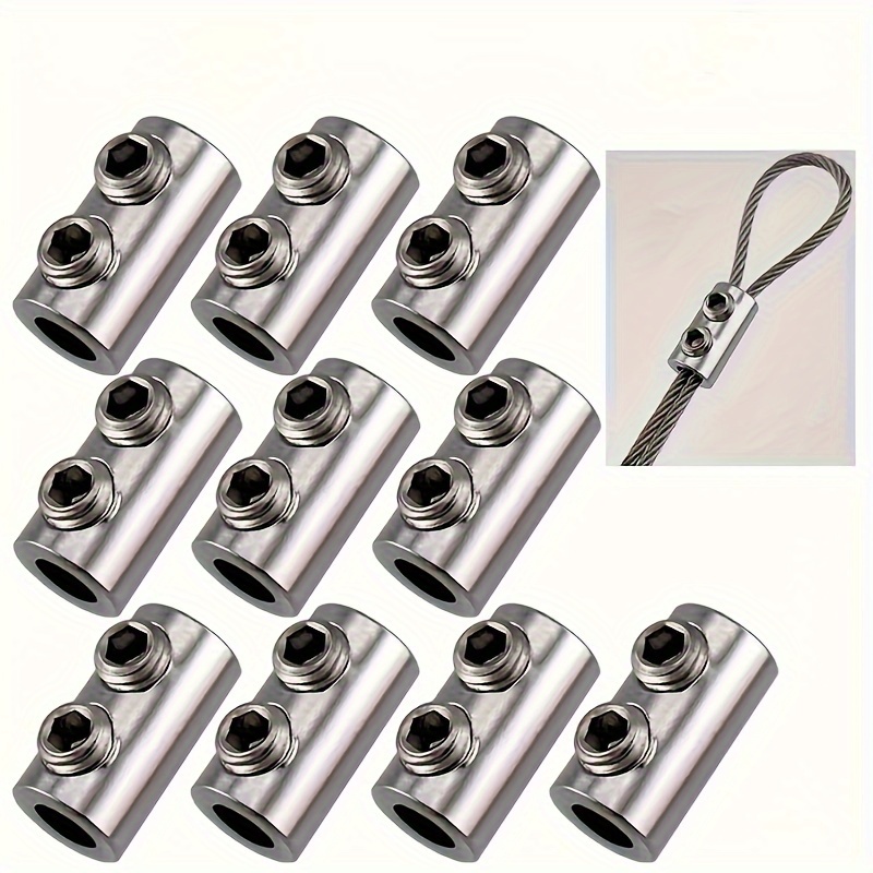 

10pcs Stainless Steel Wire Rope Lock Clamps, Adjustable Self-locking Fasteners, Double Hole Tightening, Telescopic & Fixed, For Home Renovation Locks, Battery-free