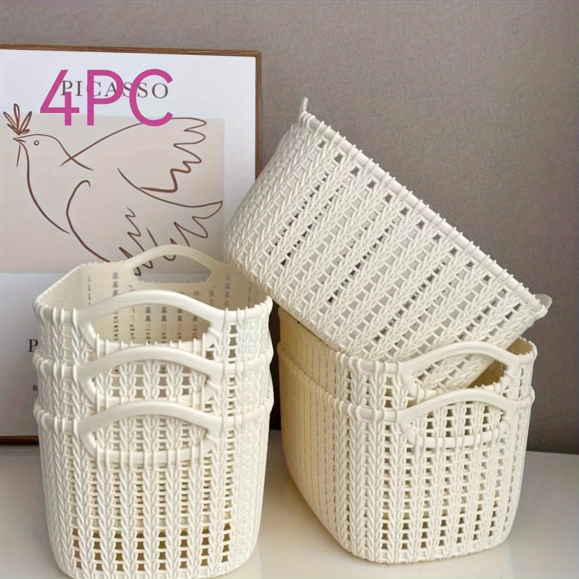 

4pcs Set Rattan Baskets - For Kitchen, Bathroom & Snack Organization, Shelf Baskets