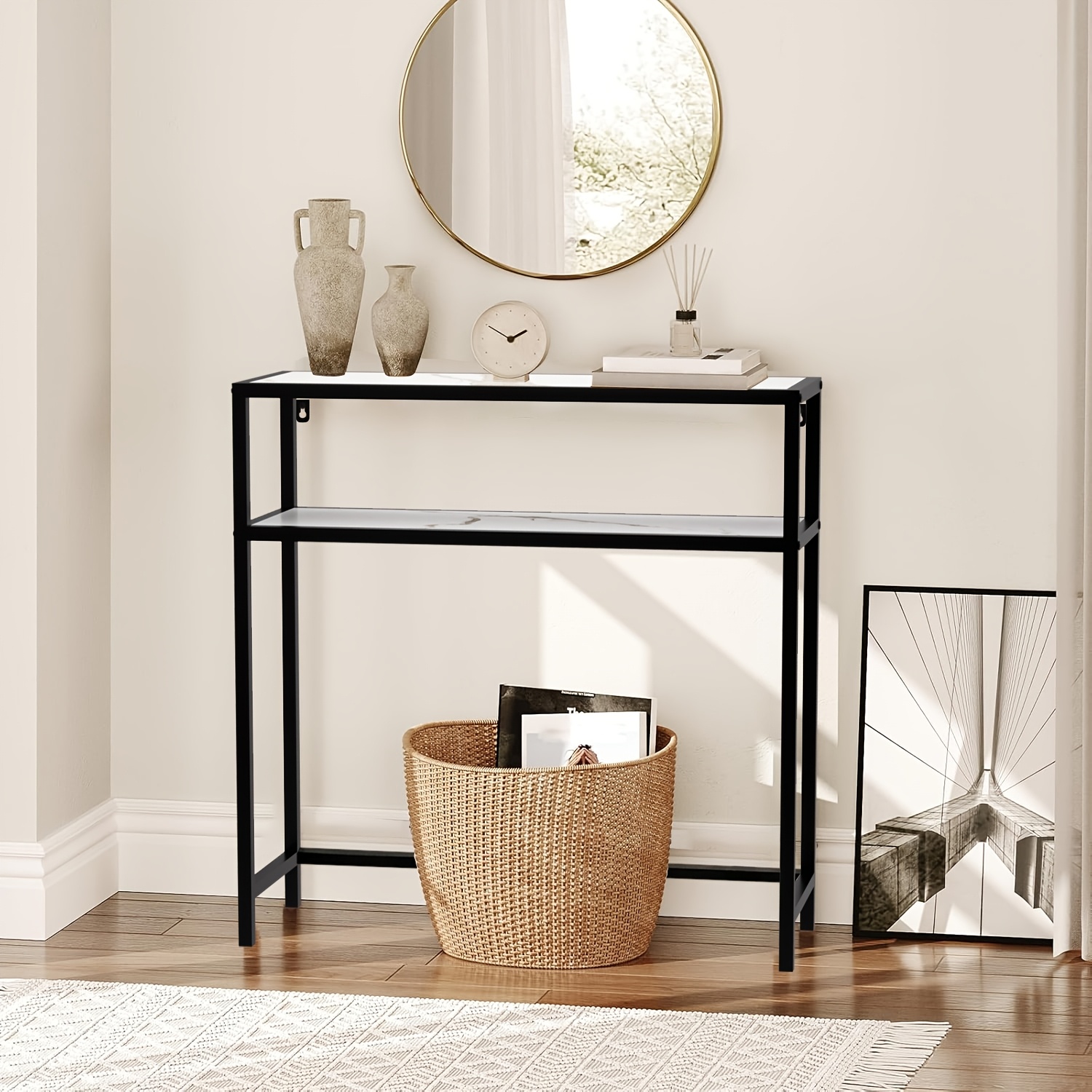 Mesa de Entrada Estrecha Jeenwur/Mesa Consola - Mesa Moderna de Ahorro de Espacio con Tapa de Madera de Pino y Estructura Robusta de Metal, Fácil Montaje, Adecuada para Pasillo, Sala de Estar, Entrada - Pequeño Soporte para TV, Mesa de Exhibición (80.01cm/80.49cm/27.0cm)