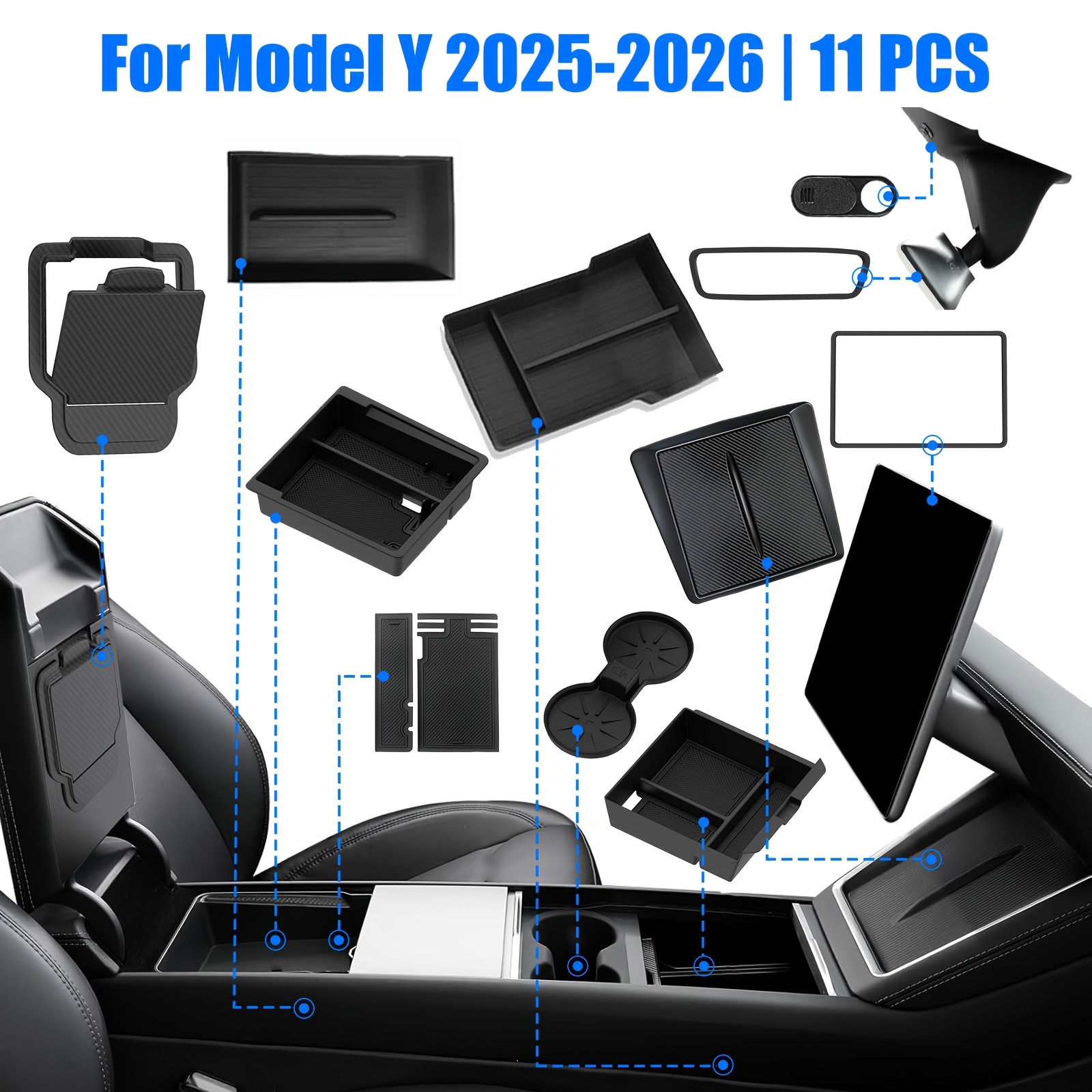 TEMU Tame Your New : 11-in-1 Center Console Organizer Kit | Interior Upgrade For 2025 2026 For | Includes Drawer Tray, Cup Holder Liners, White