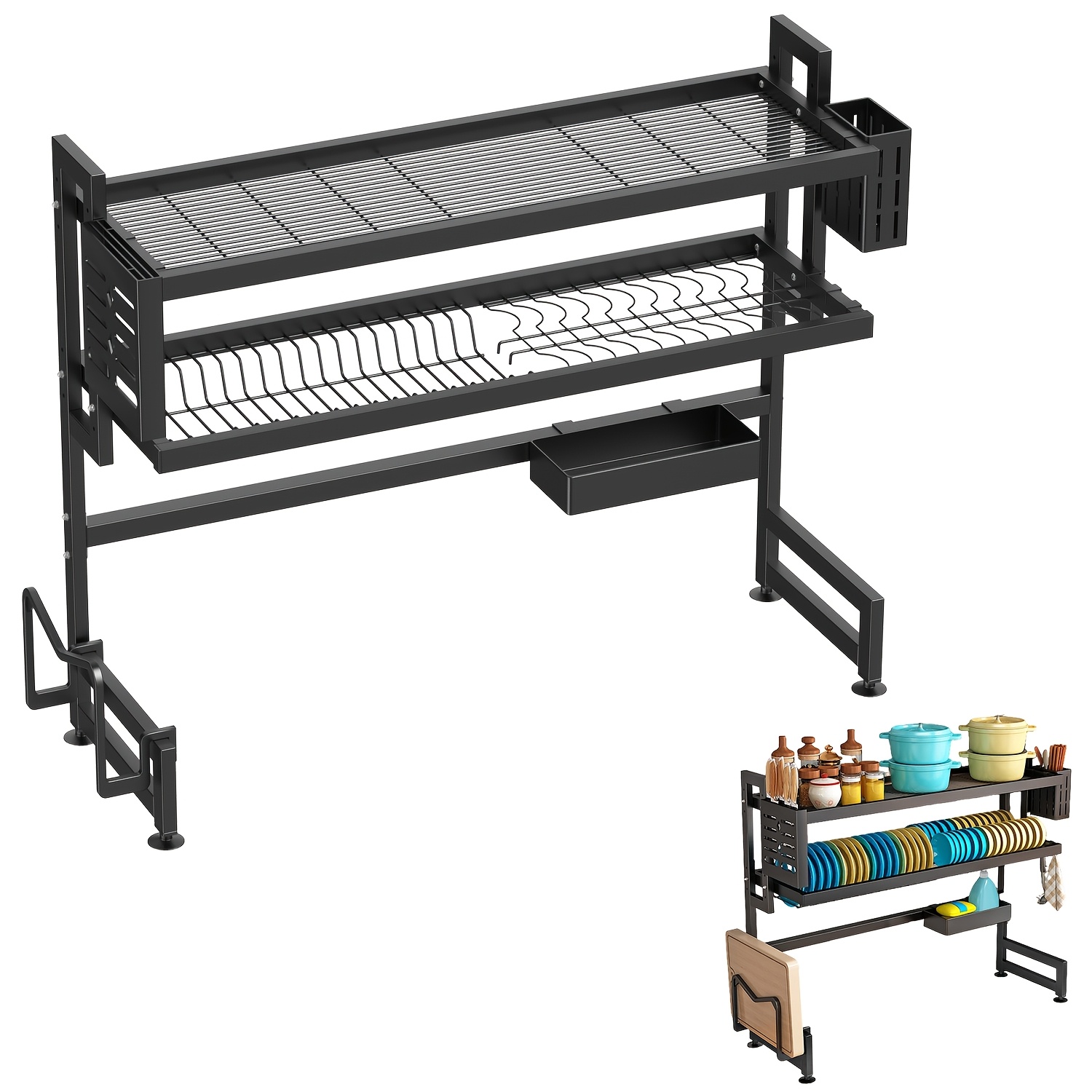 Image of 3-tier Over The Sink Dish Drainer Drying Rack, 65cm Kitchen Storage Rack Space-saving Dish Rack For Dishes, Glasses, Bowls, And Cutlery, Carbon Steel Dish Drainer
