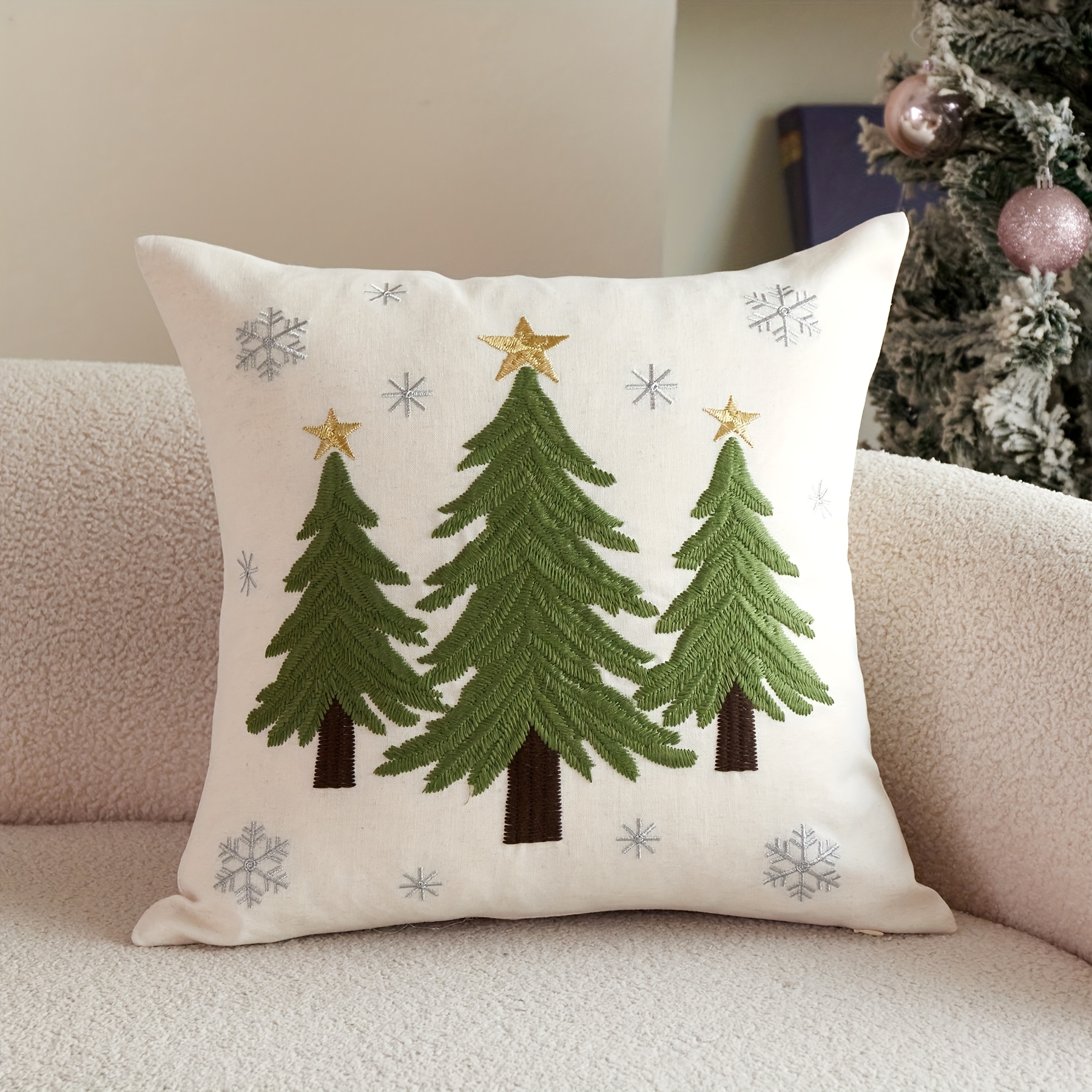 TEMU 【1枚】 3D メタリック刺繍 グリーン クリスマスツリー リネン スローピローカバー - クリスマス枕カバー、リビンのソファ、ベッド、屋内オール クリスマス装飾用 デコレーション クッションカバー、トは含まれません