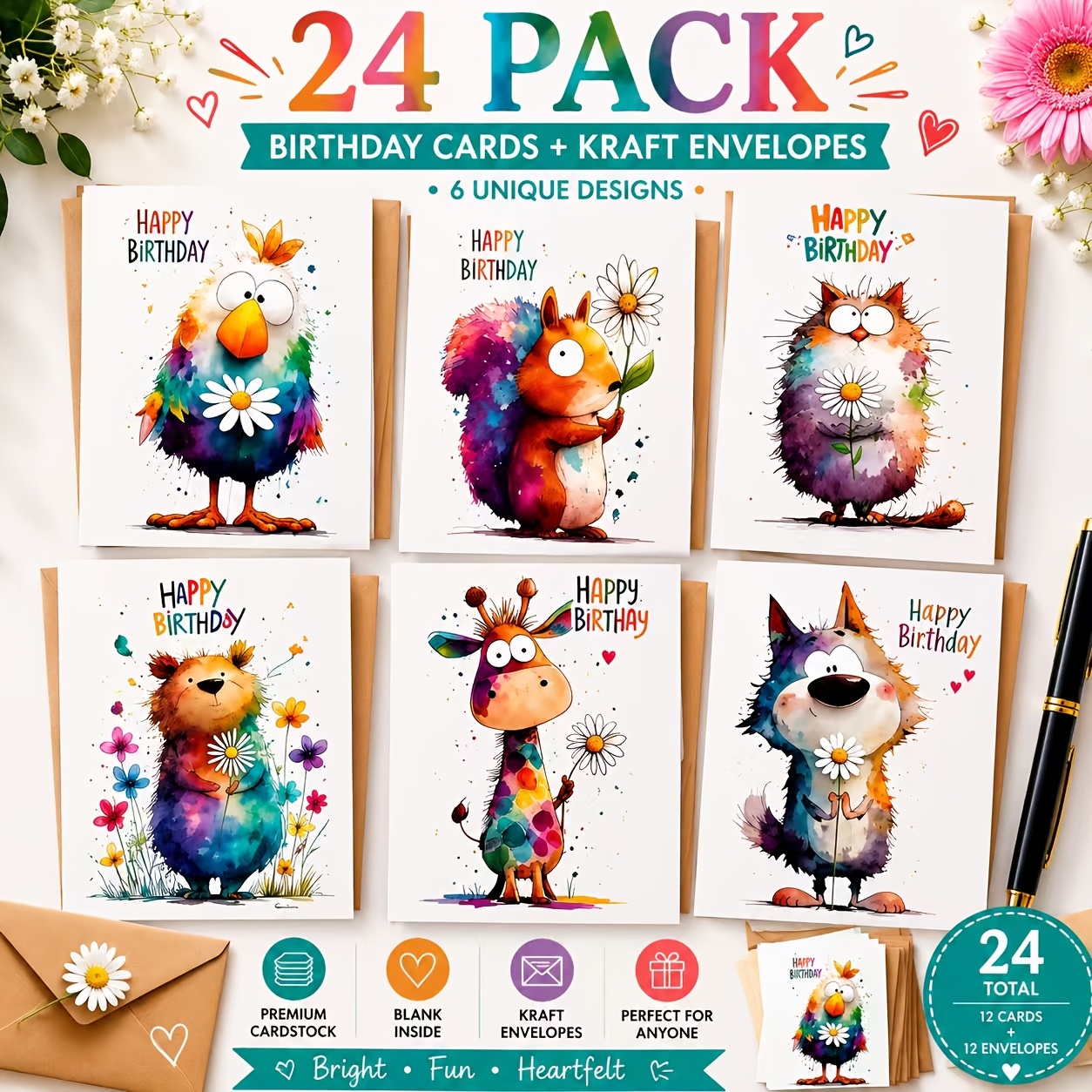 TEMU 24pcs Set Of Colorful Ink Splash Watercolor Cartoon Animal Birthday Greeting Cards With Paper Envelopes, 6 Styles: Bird, Squirrel, Cat, Bear,