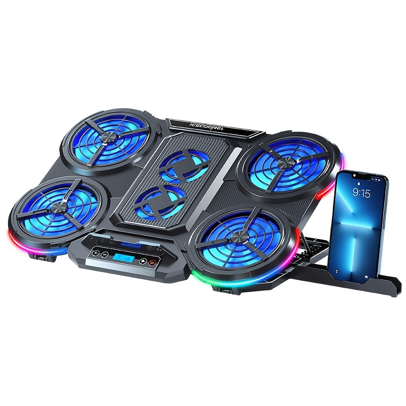 TEMU Laptop Cooling Pad With 15 Fans, Rgb Lighting, 8-level Height Adjustable Stand, Dual Usb Ports, And Phone Holder; Compatible With 15.6-17.3 Inch