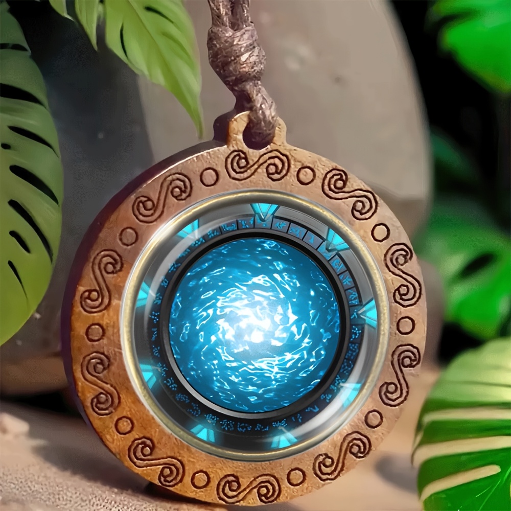 TEMU Men's Elegant Blue Sphere Necklace - Modern Bohemian Pendant With Turquoise Center, Hand- Wood &