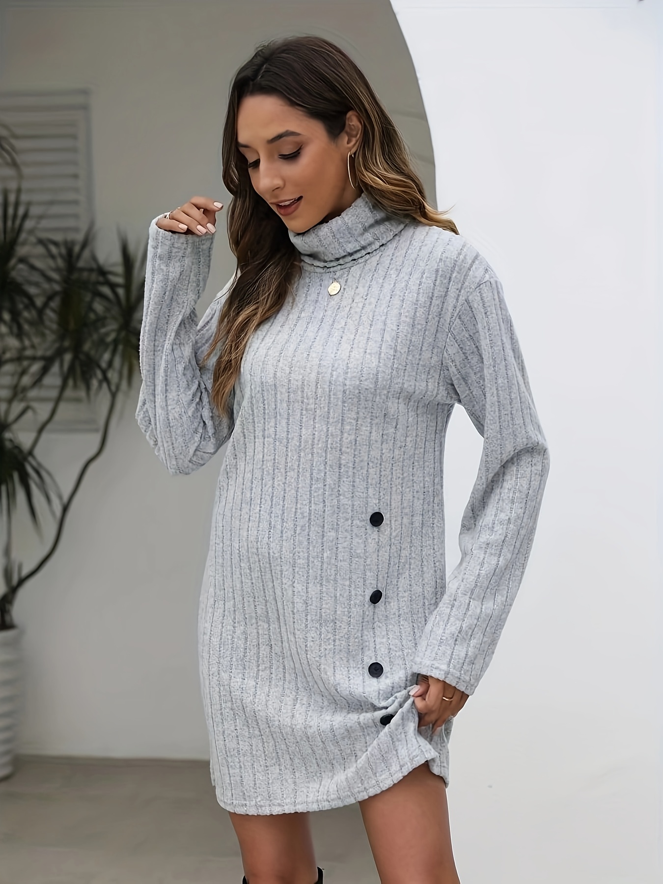 knee length dresses for ladies Long-sleeved loose-fitting high-neck midi dress – Lovenne main image 1