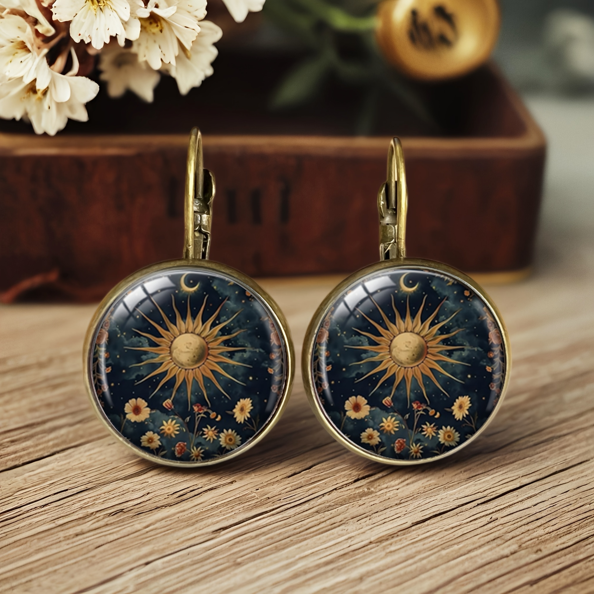 TEMU A Pair Of Floral Sun And Moon Earrings With Wildflowers, Featuring Bohemian Dark Countryside Plant Designs, Perfect As A Gift, Without Battery