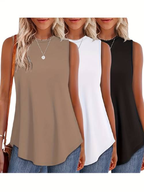 womens 3pcs casual sleeveless tank tops loose fit round neck solid color polyester blend machine washable ladies tank tops