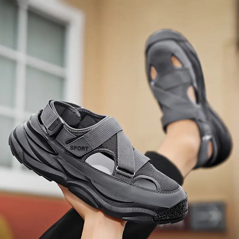 mens breathable sport sandals slides preppy casual fashion solid patterns for with adjustable closure lightweight cap toe sandals with pu fabric upper comfortable for daily hiking activities details 0