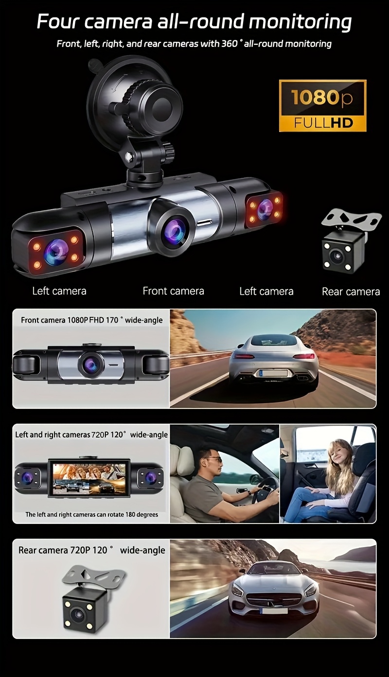 true   triple channel 1080p fhd front 720p rear   360 omni directional wide angle recording automatic overwriting of   videos 8 infrared lights no card 32gb 64gb 128gb   Product details 1