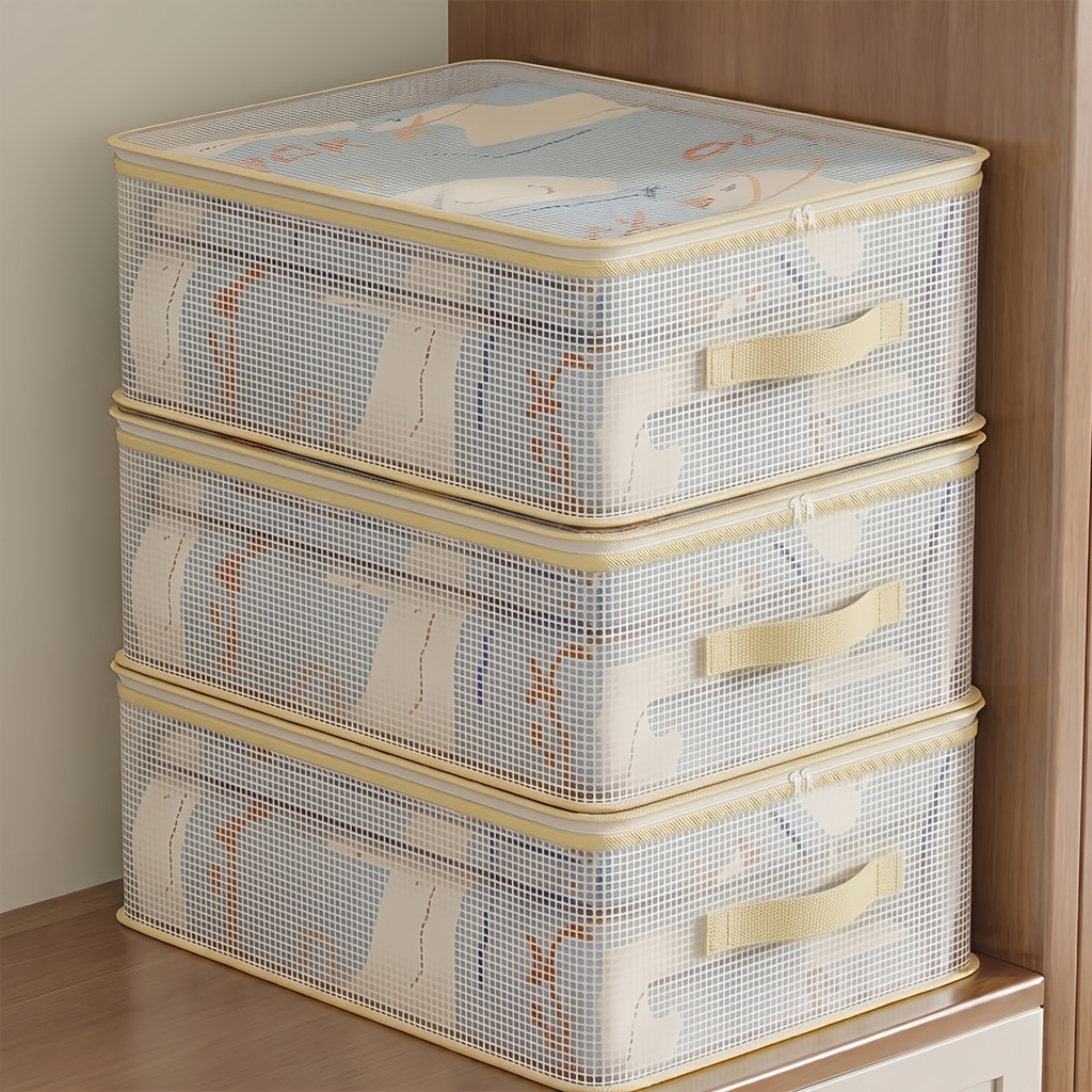 TEMU 3pcs Foldable Bedsheet Organizer, Large Capacity Clear Window Closet Storage Bin For Bedding & Blankets, Space Saving Under Bed Wardrobe