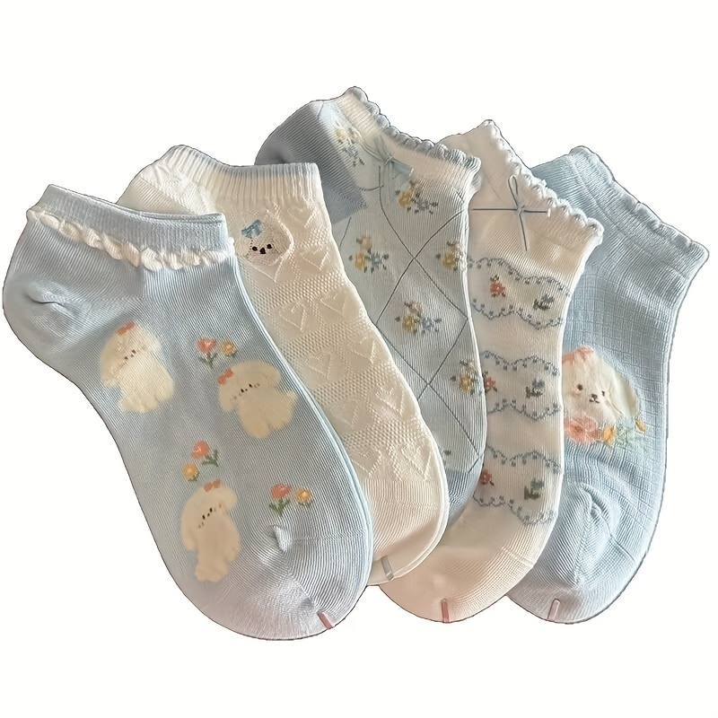 E-shop 5 Paar süße Welpen Socken Damen Sommer dünne kurze Socken Low Cut flache Schnürung Spitze Japanische Schleife Knochlos Rutschfest Mesh
