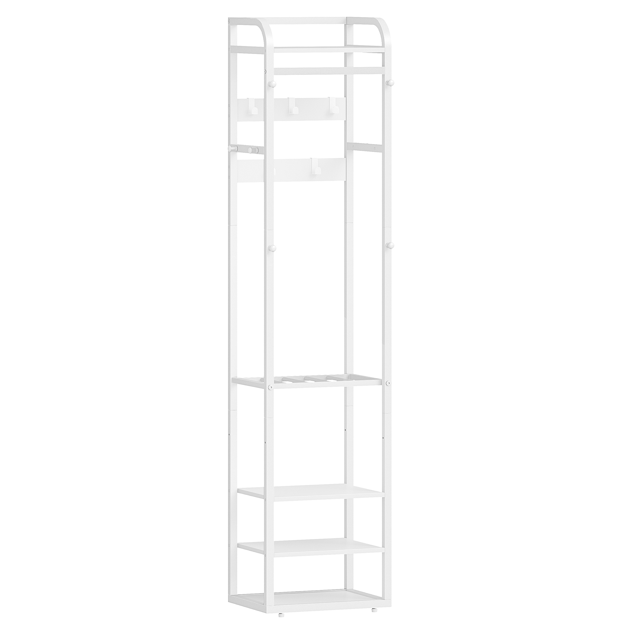 A Clothing Organizer Featuring 4 Shelves And Hooks, This Storage Unit Has Reversible Shelves And Measures 30 X 40 X 186 Cm, Suitable For Use In The Bedroom, Living Room, Or Hallway, In A White End