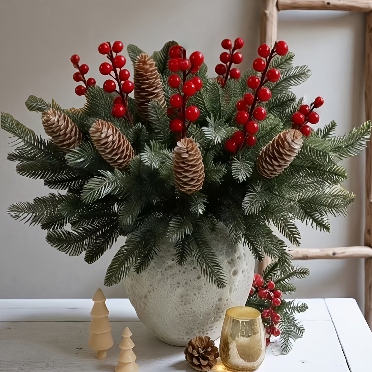 TEMU 40 Artificial Pine Branches With Norfolk Stems, Featuring Green Foliage Along With Pine Cones And Red Berries. Artificial Plants Are Perfect For