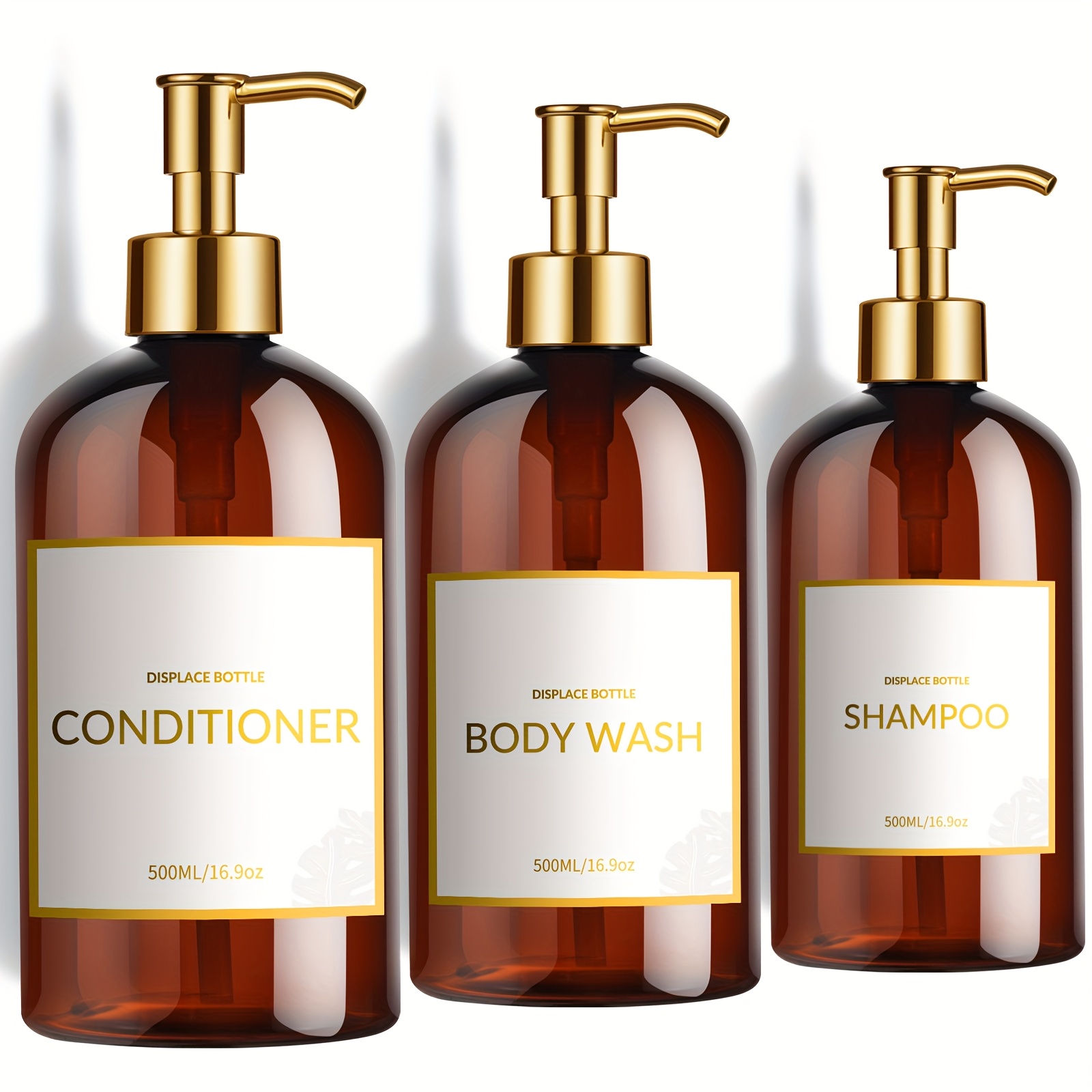 E-shop Modernes Goldenes Design Pumpflaschen-Set – Stylischer Shampoo- Conditioner-Spender (3er-Set) – 17oz Duschseifenflaschen mit Pumpe Etiketten –