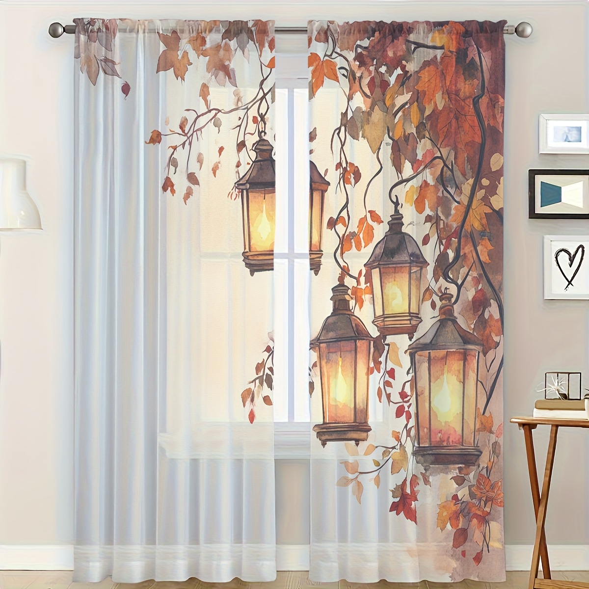 TEMU 2pcs Home Decor Semi-sheer Curtains, Autumn Leaf And Lantern Print Sheer Window Curtains, Warm And Decor, New Autumn-themed Window Treatments,