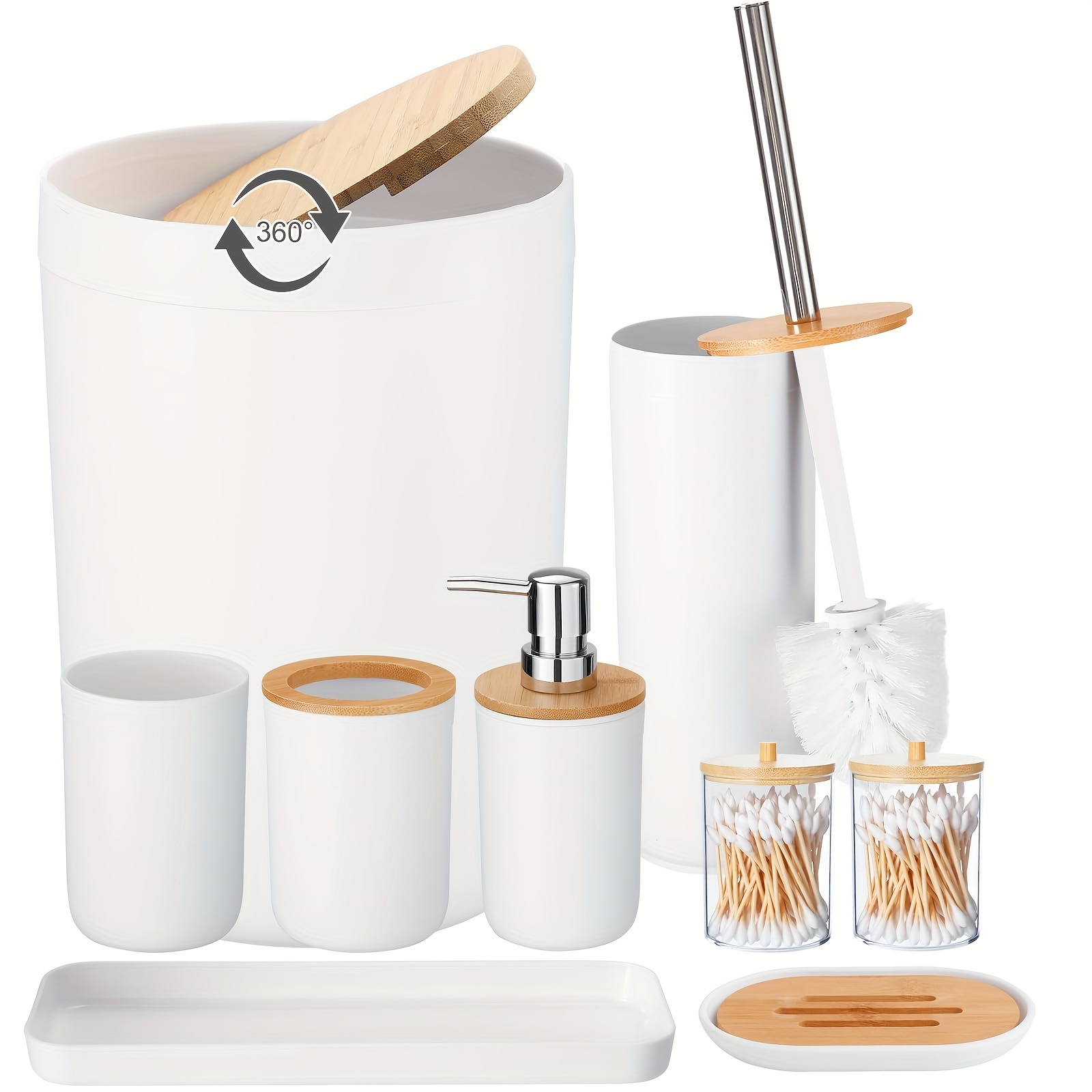 

9pcs Bathroom Accessories Set With Trash Can, Toothbrush Holder, Lotion Soap Dispenser, Soap Dish, Cup, Bamboo Cover