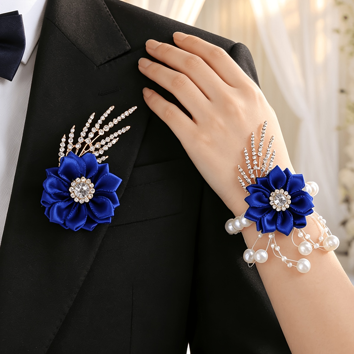 TEMU 2pcs Rhinestone Boutonniere, Artificial Royal Blue Flower Bride And Bridesmaid Wrist Corsage, Suitable For Prom, Valentine's Day, Anniversary,