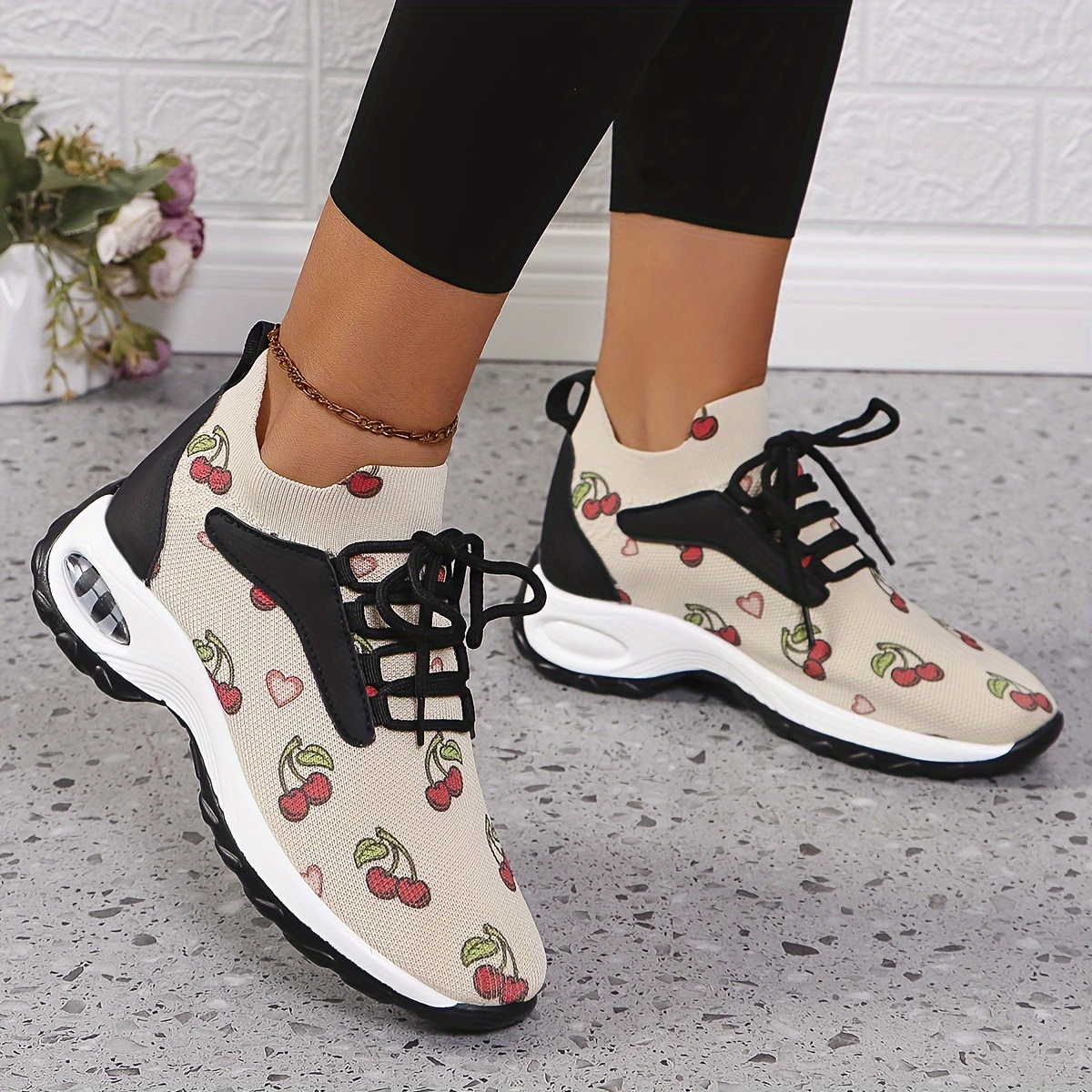 

Women's Casual Fashion Sneakers With Cherry Print - Breathable Fabric Low Top Lace-up Shoes With Pu Sole, Hand Washable - All-season Cherry Patterned Athletic Footwear From Taizhou