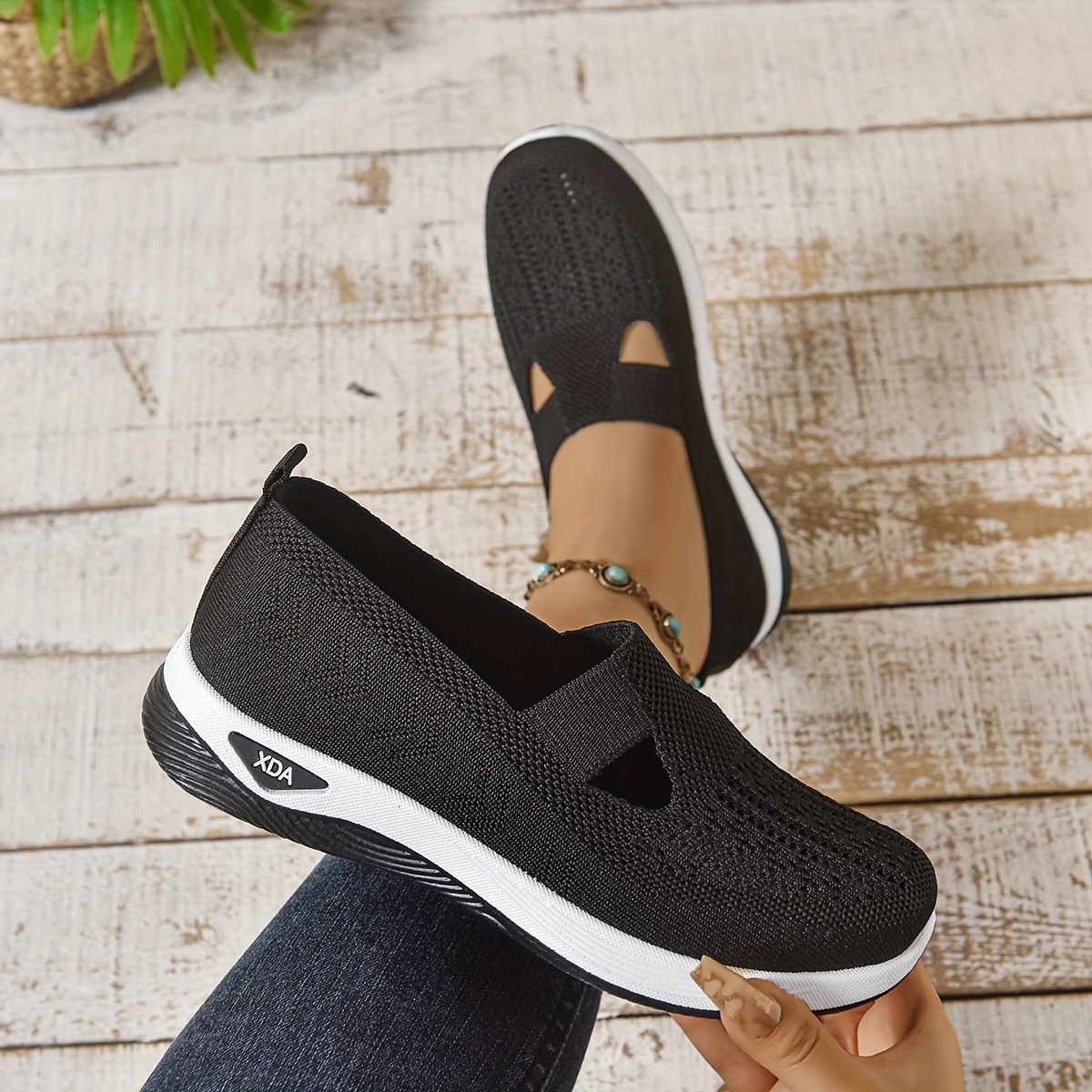 TEMU Дамски ежедневни спортни обувки без връзки, дишаща лека горна част от плат, гумена подметка, обувки без връзки за