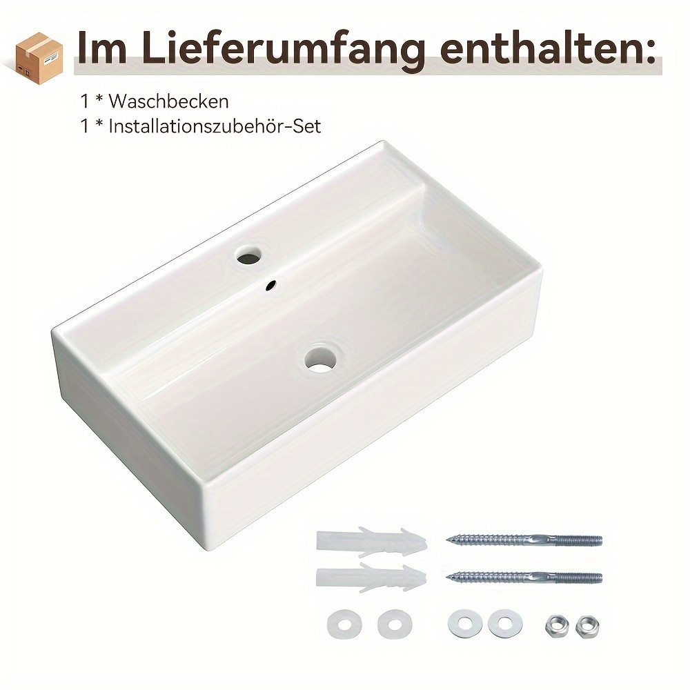 Image of Rectangular Design Wash Basin Sink Wall Hung - Bathroom Countertop Washbasin - Bathroom White Sink - With Faucet Hole And Overflow - Suspended Or Countertop Washbasin - White Ceramic - Nano Coating
