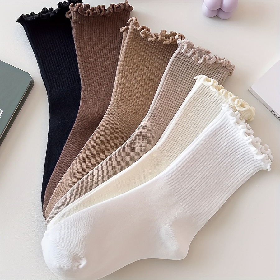 Image of 6 Pairs Women' Color Mid-calf Socks With Ruffle Trim - Soft Stackable Ribbed Texture, 6 Neutral Colors, And Formal Wear Cute Socks, Elegant Sock Design