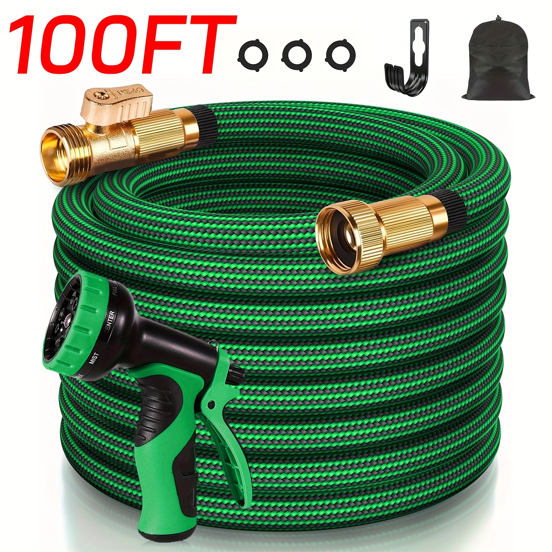 100   heavy duty garden hose 10 types of high pressure nozzles 3 4 inch solid brass fittings leak proof design durable rubber material   resistant   used for watering gardens and cleaning houses cars yards pet bathrooms etc Product details 1