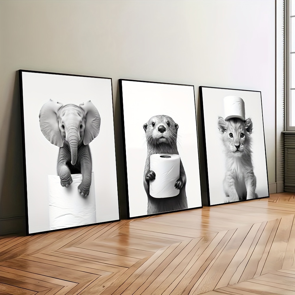 

Set Of 3 Frameless Cute Black And White Animal Posters: Otter, Lion, Elephant With Toilet Paper - Modern Wall Art For Home Decoration