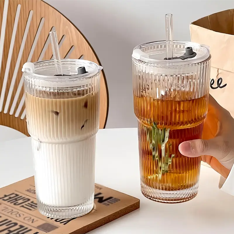2pcs ribbed glass with straw and plastic lid and straw brush iced coffee cocktails etc suitable for home office party supplies 20 ounces Product details 3