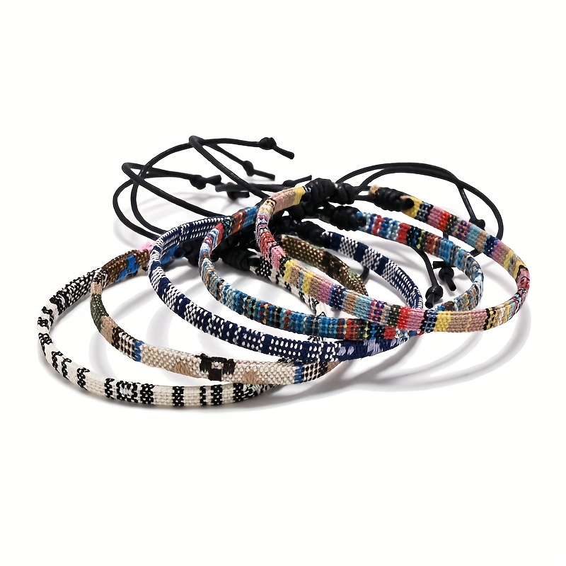 Image of 5pcs/ Bohemian Surfing Bracelet Hand-woven, Adjustable Beach Bracelet For Girls, Black And White Summer Beach Bracelet