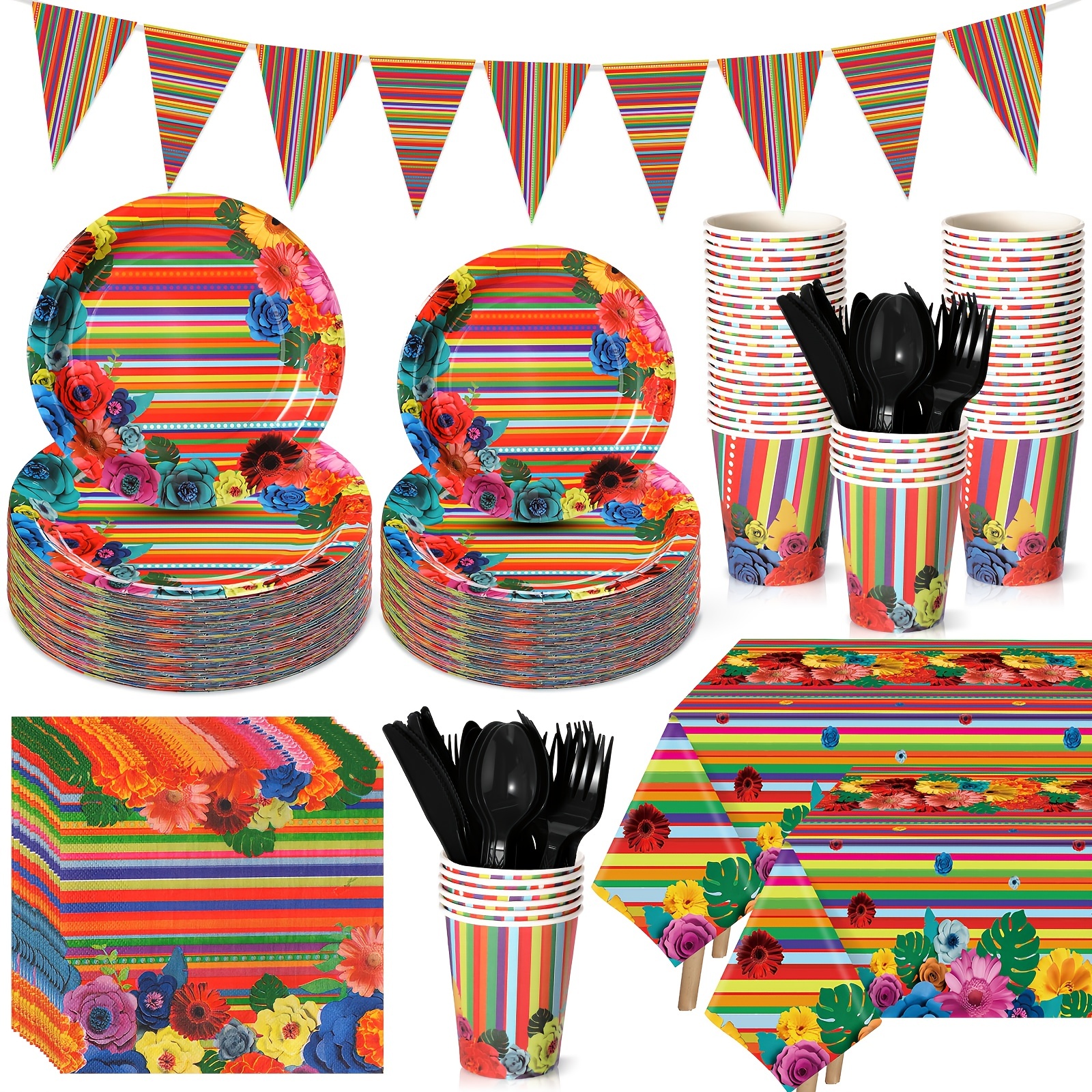 

171 Pcs Mexican Party Supplies Mexican Tableware Set Cinco De Mayo Paper Plate Cup Napkin Fork Knives Spoon Tablecloths Banner For Fiesta Birthdays Weddings Party Favors Decorations