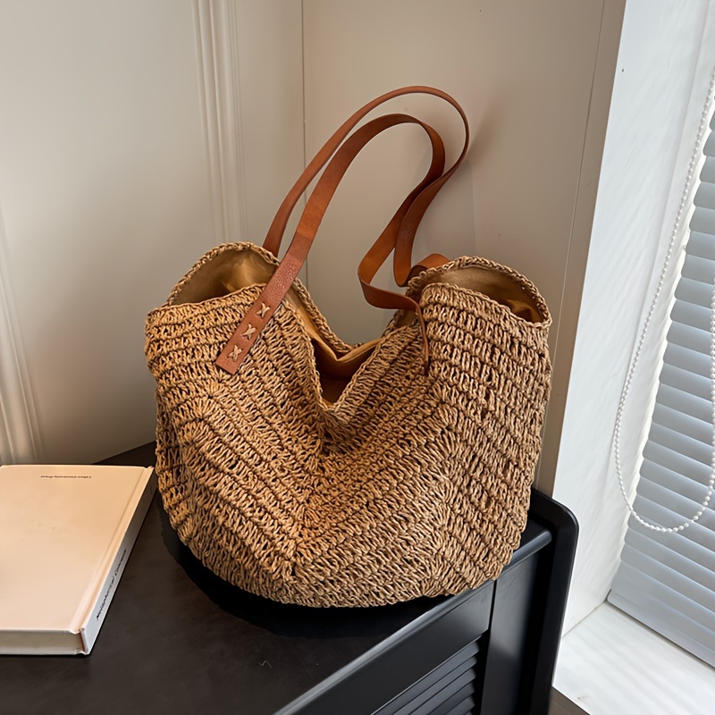 

Casual Woven Straw Tote Bag For Women, Large Capacity Versatile Shoulder Beach Bag, Fashionable Commuter Handbag