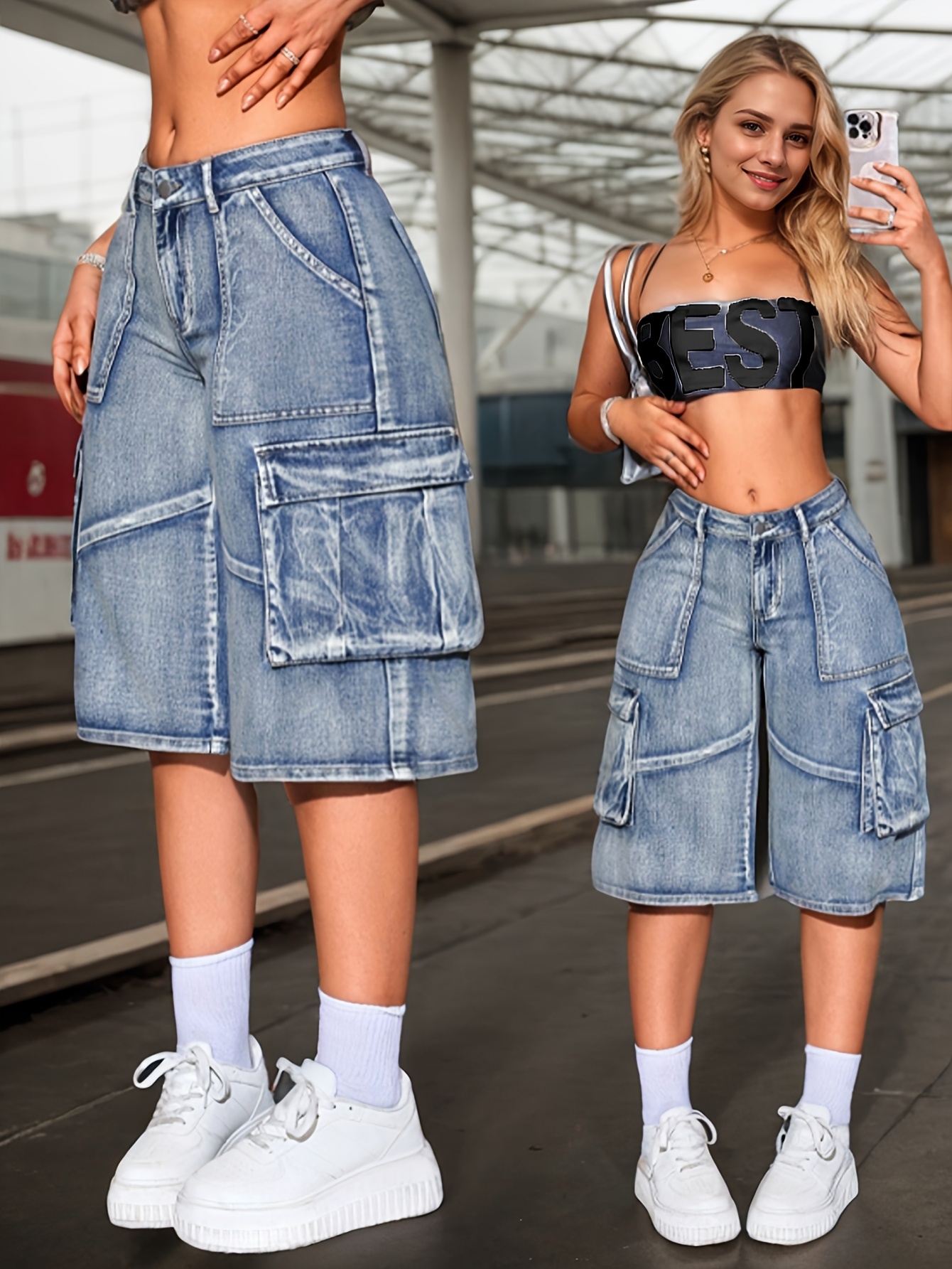 Women's Vintage Low-Rise Wide-Leg Jeans - Relaxed Fit 3/4 Length Denim Pants with Multiple Pockets, Machine Washable Casual Retro Style for All-Season Wear, Ladies Jeans