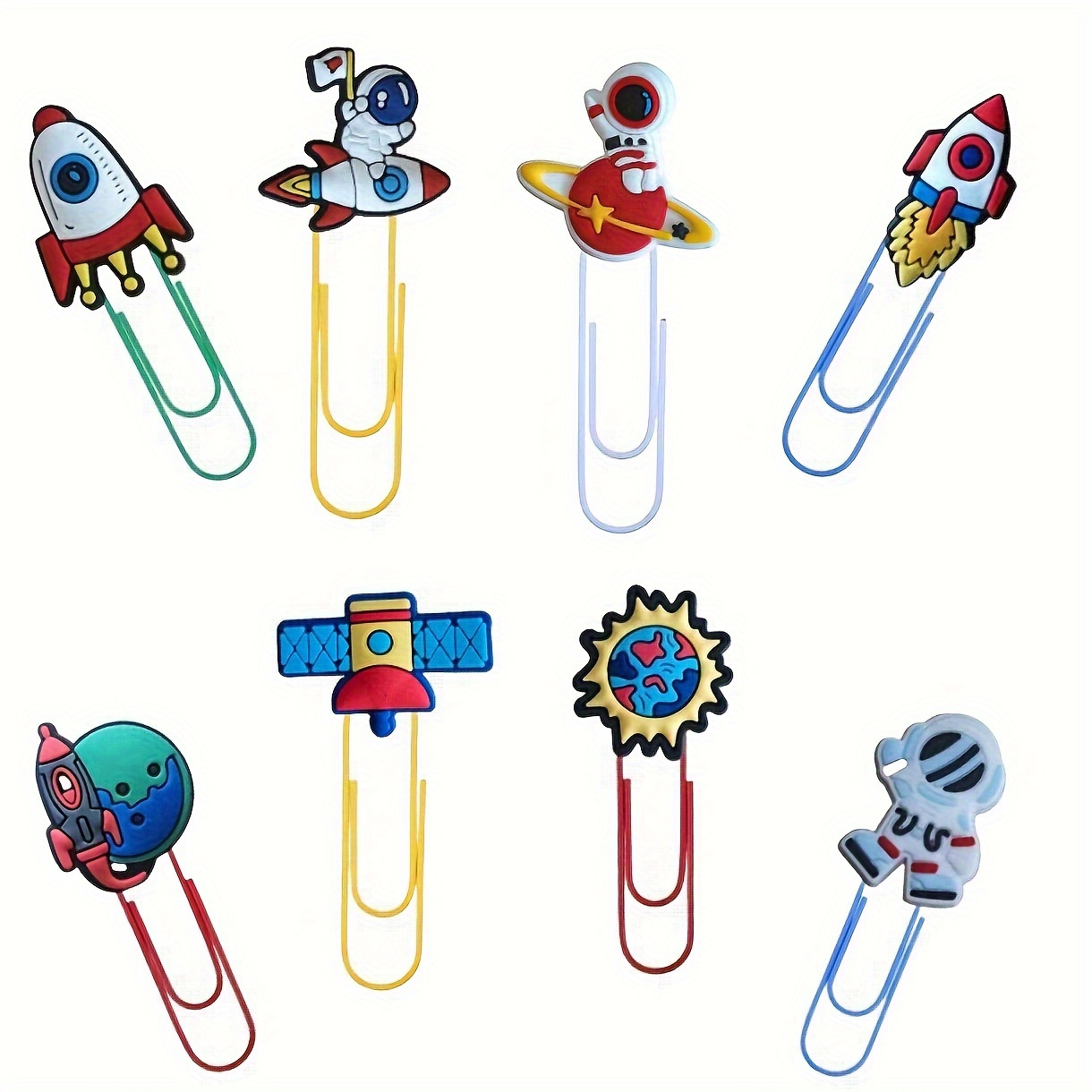

8 Pcs Cartoon Space-themed Paper Clips - Cute Colorful Office Supplies, Desk Accessories, Bookmark Pliers, School Books File Page Markers, Welcome Gift