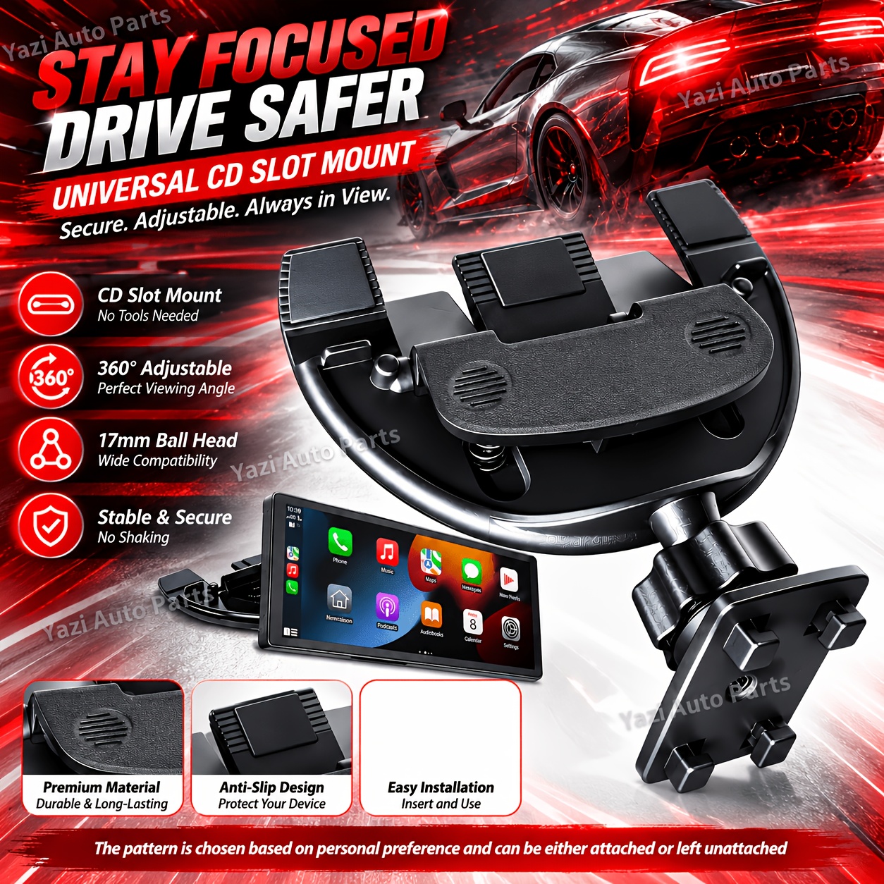 TEMU Autohouder compatibel met 7-12 inch Auto & CarPlay met CD-sleufbeugel, verstelbare bolkop & draaibare arm, GPS/dashboardmonitorbevestiging,