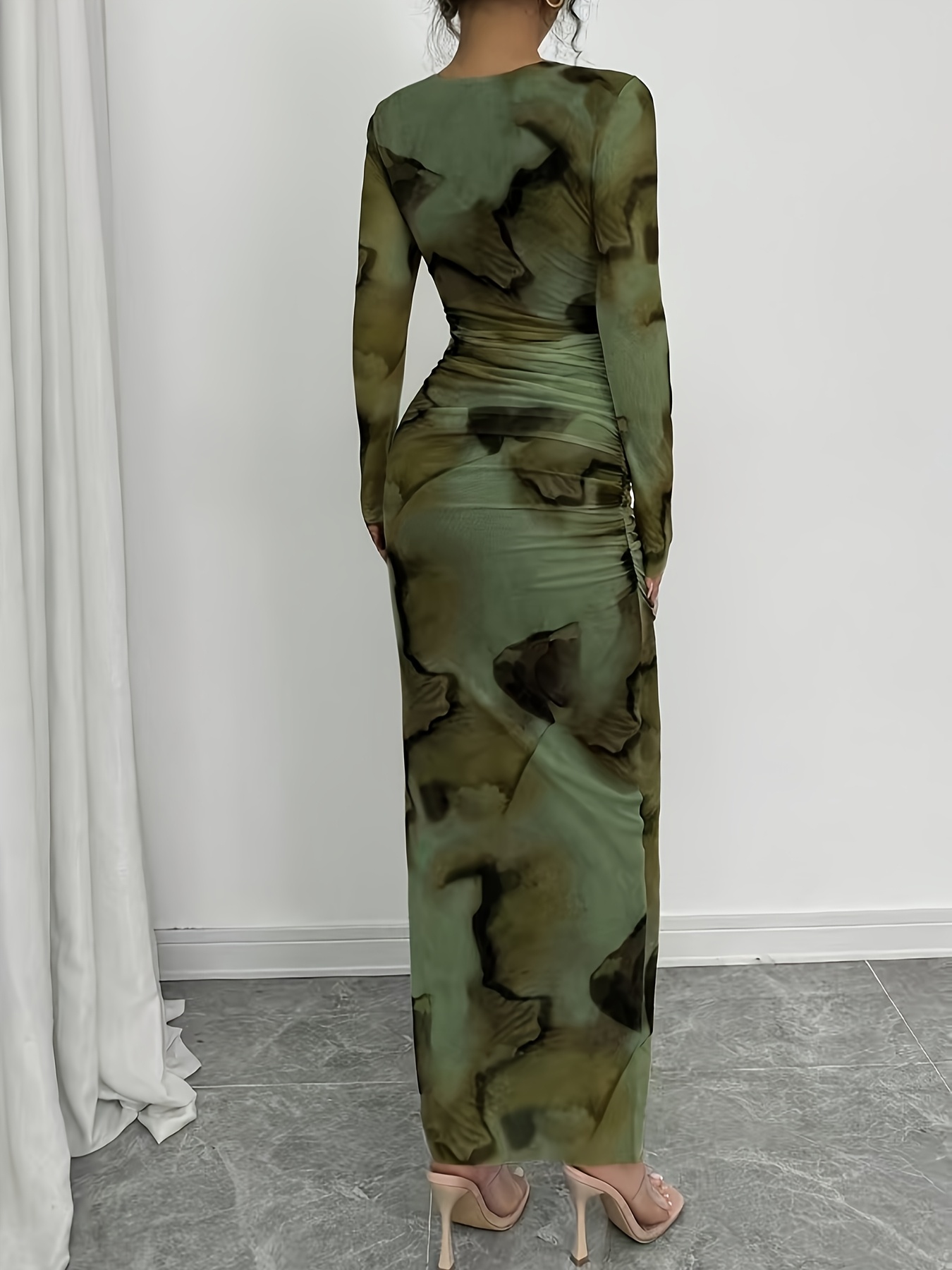 womens elegant tie dye long sleeve bodycon dress length