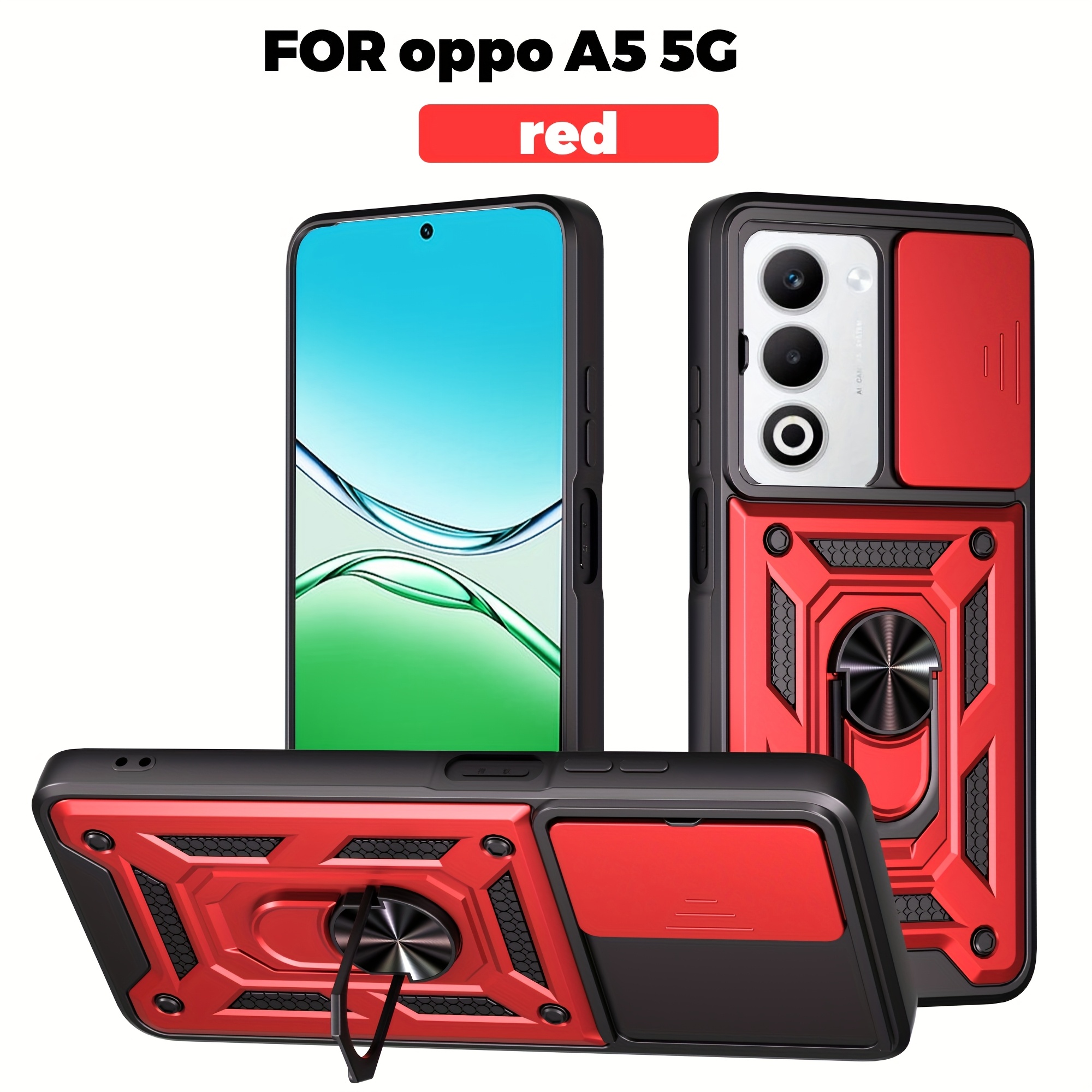 TEMU Phone Case - For Oppo A5 5g Case, With Slide Camera Lens Cover, Built-in 360 Degree Rotate Magnetic Ring Stand Shockproof Protective Phone Case