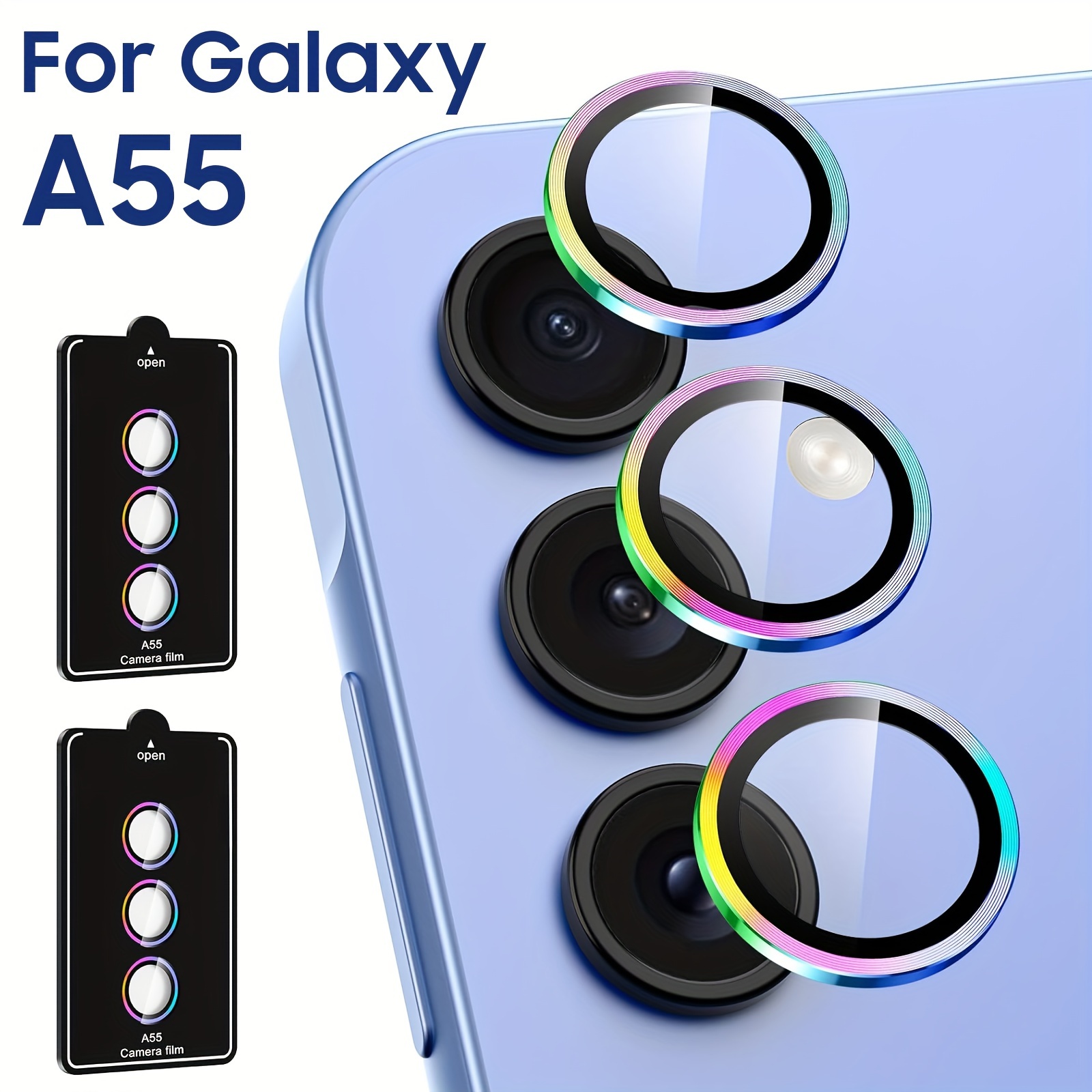 TEMU 2 Set-colorful Camera Lens Protector For   Galaxy A55 5g: Individual Metal Ring Tempered Glass Lens Cover, Scratch Resistant, Ultra-thin Hd Clear Lens Cover