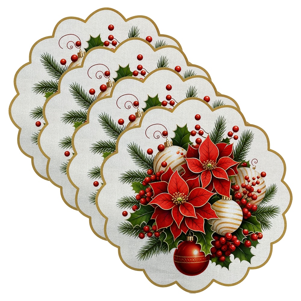TEMU 4pcs/6pcs Red Poinsettia & Bell Christmas Placemats Suitable For Holiday Party Decor, Faux Table Mats With Poinsettia Flower, Hand Washable