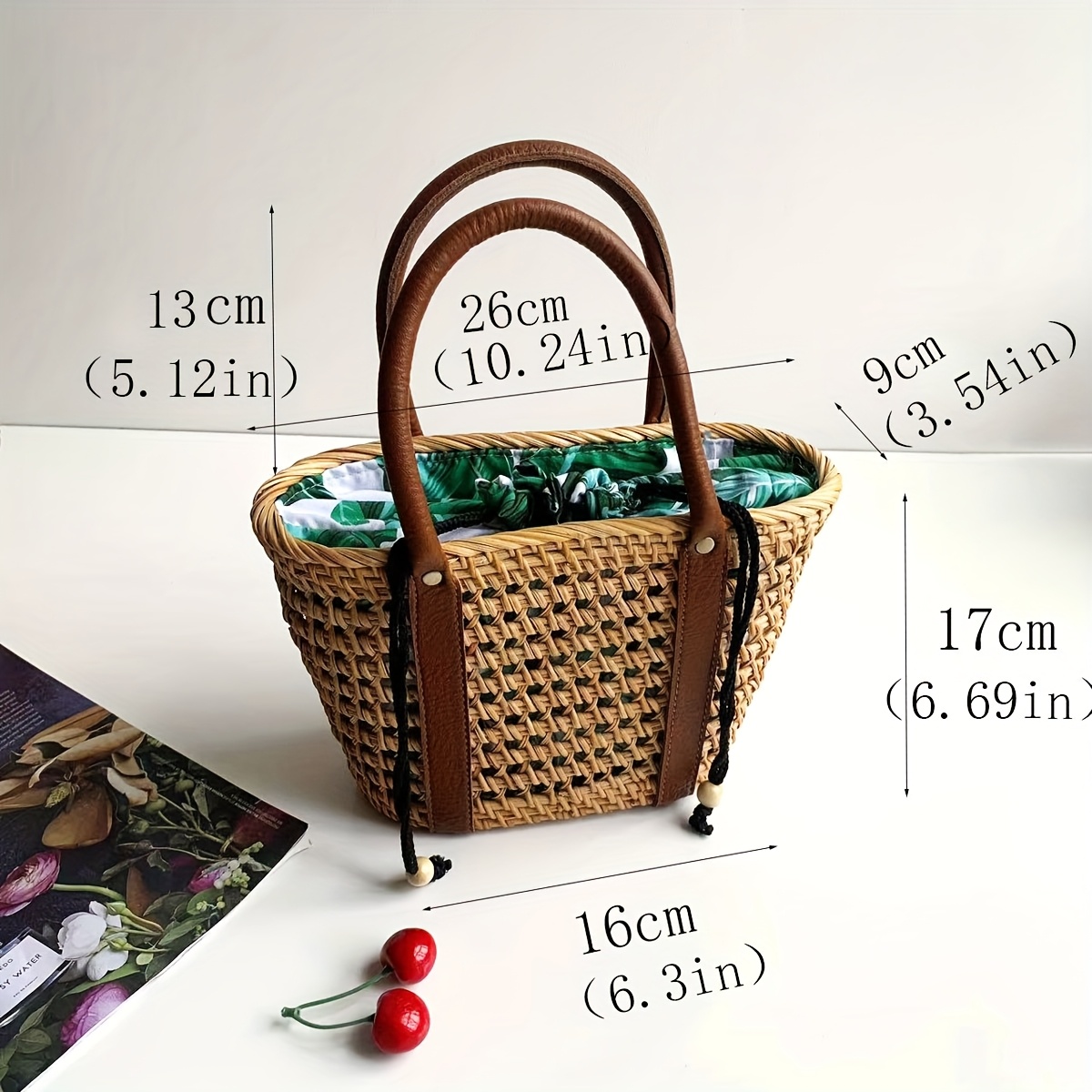 Handmade Rattan Woven Hollow Drawstring Tote Bag - Bohemian Floral Print Mixed Colors with Green Lining, Durable Synthetic Material & Sturdy Handles for Women's Fashion, Beach, Shopping, Picnic, Shopping Handbag, Ethnic Style Basket, Polyester Lining