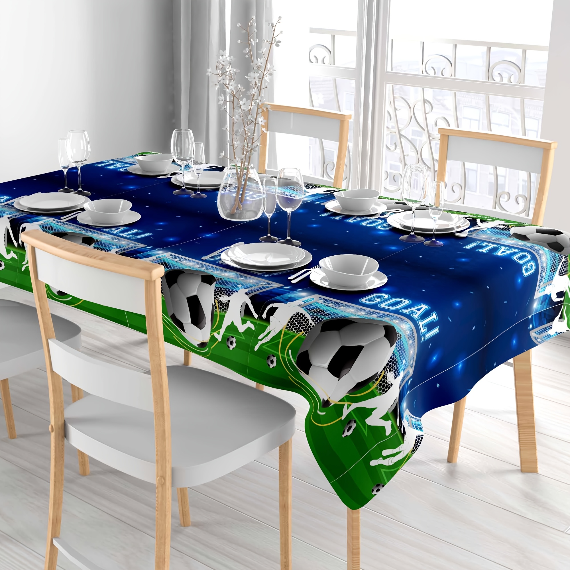 TEMU Soccer Event 2026 - 1pc Blue Football Tablecloth (137.16 Cm X 274.32 Cm), Football Themed Plastic Tablecloth, Suitable For Birthday Party
