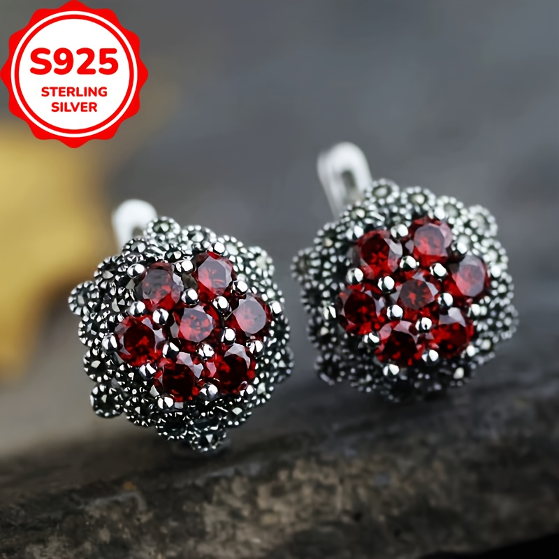 

Vintage Stud Earrings In 925 Sterling Silver With Black Accent Stones And Synthetic Zirconia, Hypoallergenic Ear Needle, Quality Jewelry Gift - 4.0g