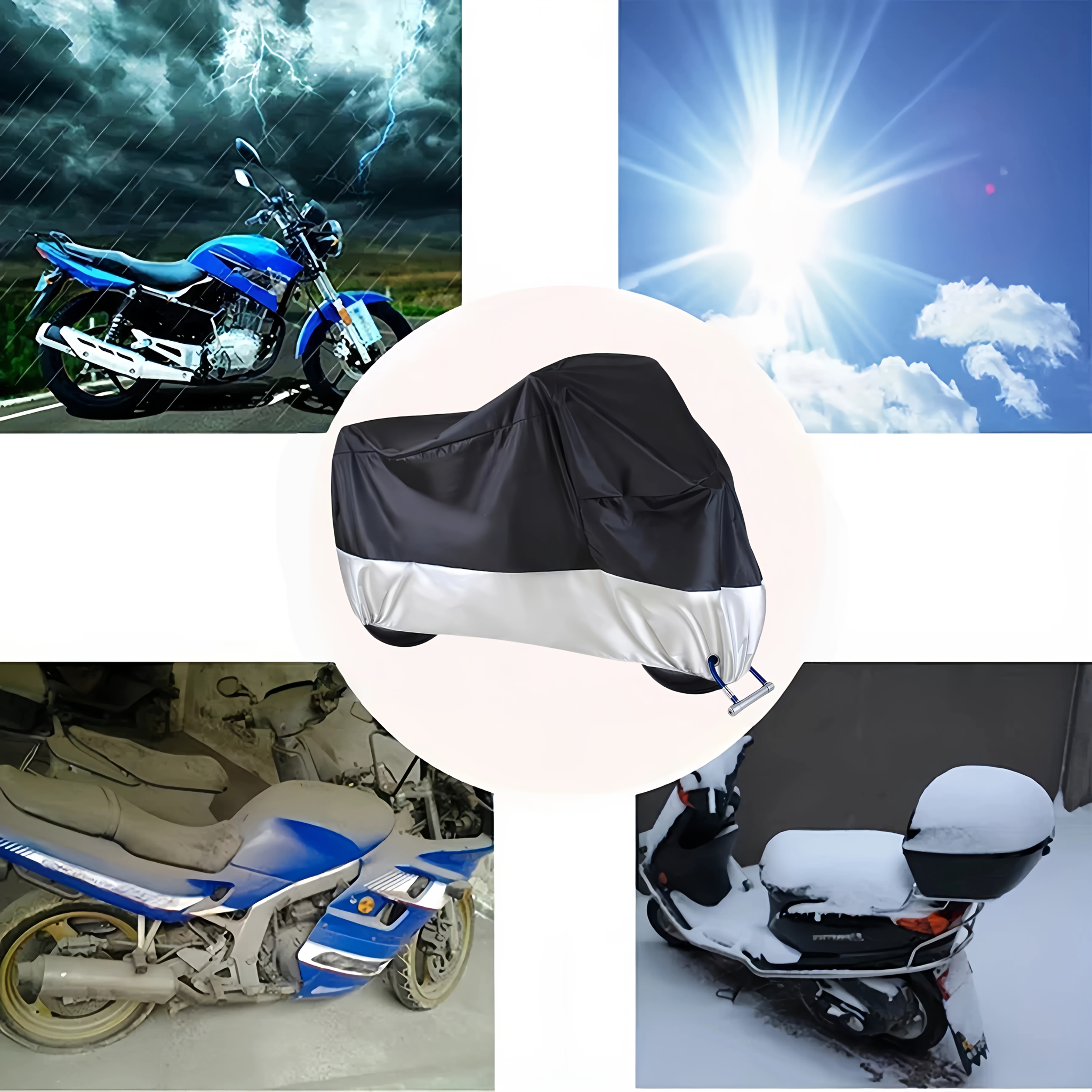 acoperiș pentru motocicletă toate sezoanele, rezistent la uv, țesătură 190t, negru și argintiu, cu găuri anti-furt și sac de depozitare, ideal pentru păstrarea motocicletei/bicicletei în exterior 4