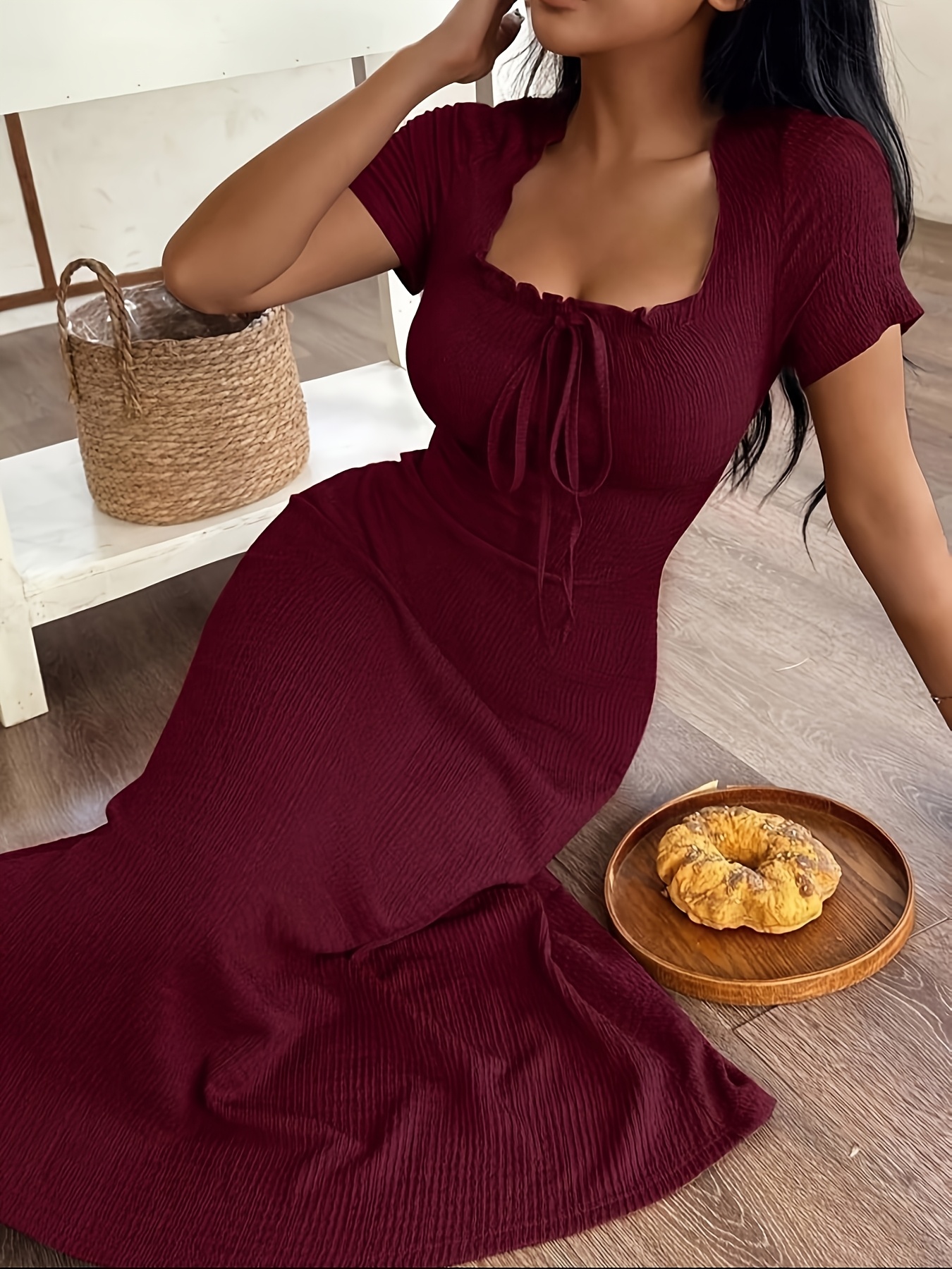 * Neck Design Bow Short Sleeve Spring Summer Dress * *-Length Nightgown