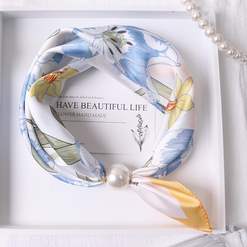 TEMU Cinta decorativa para camisa blanca de mujer con estampado floral, pañuelo cuadrado pequeño de satén sintético para desplazamientos al trabajo,