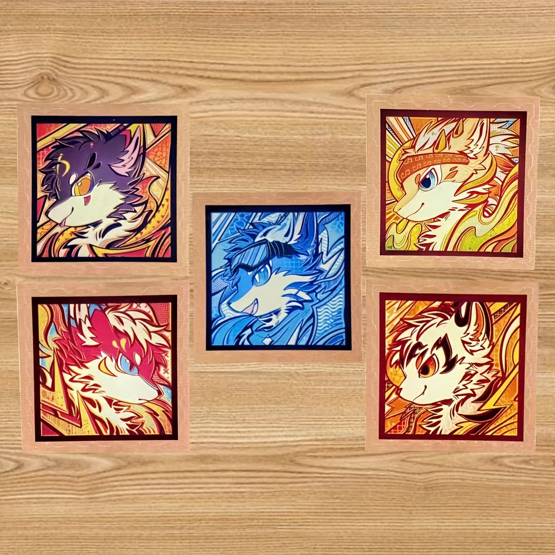 5pcs Cool Dog Stickers, Furry Animal Heads, Cartoon Square Self-adhesive Stickers