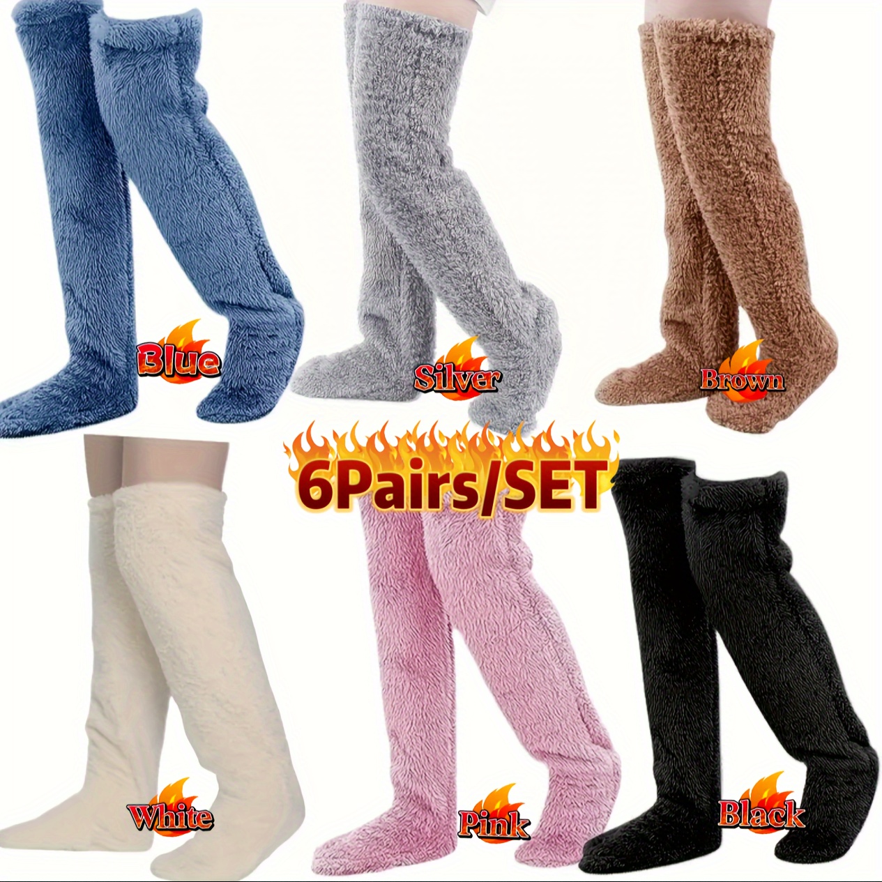 

6 Pairs Set Women's Polyester Over-the-knee Slipper Socks - 6 Pairs Set, Solid Color, Knit Fabric, Machine Washable