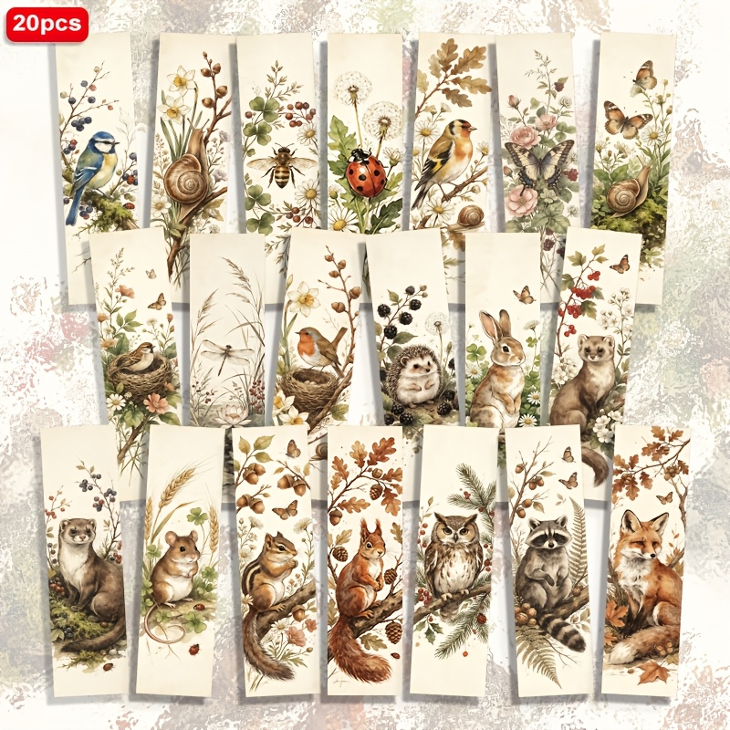 TEMU Set da 20 segnalibri stampata in 2D 1,5x5,9 pollici con motivo vintage a di animali , insetti, uccelli, fiori, , e noci, segnapagine per la